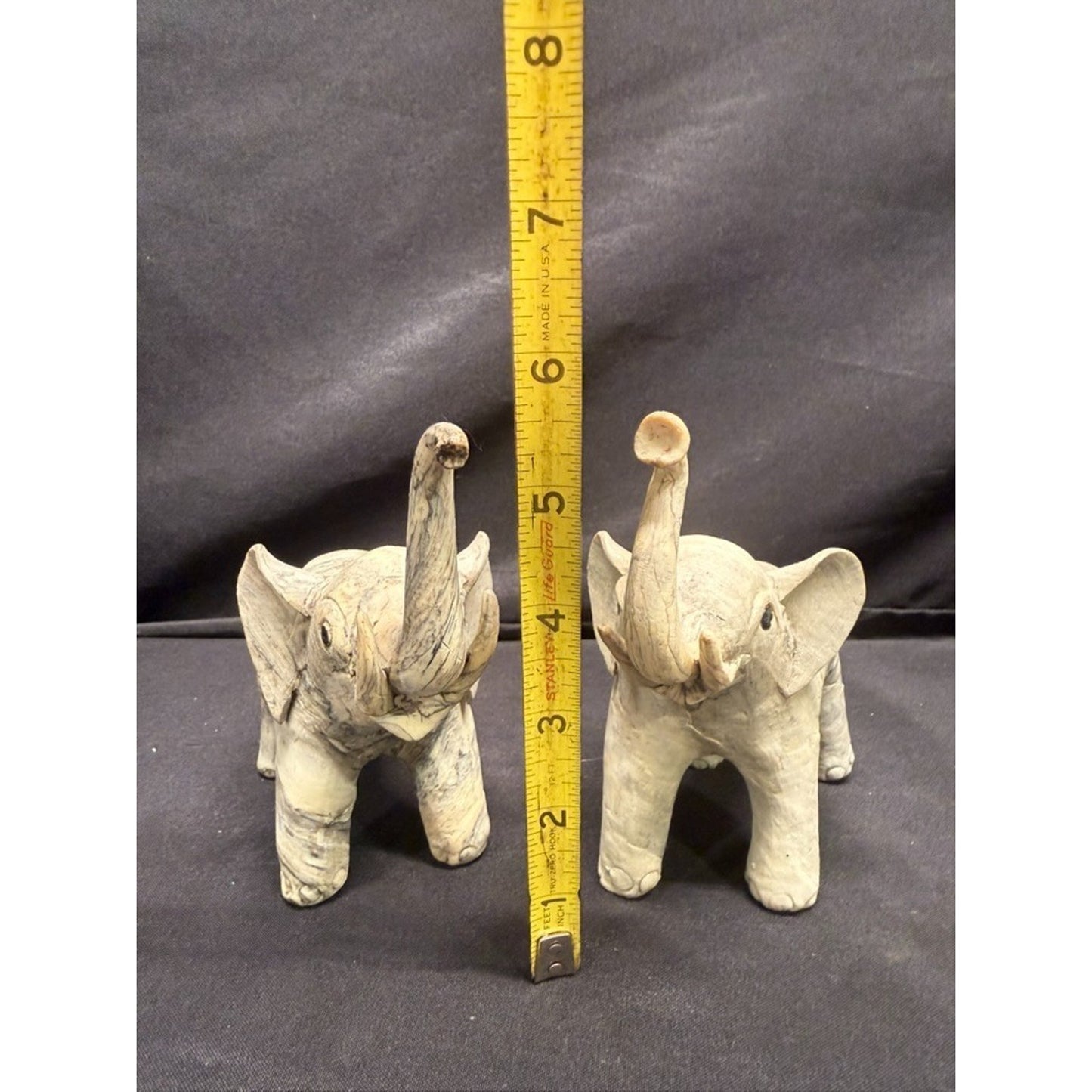 Pair Carved Elephants made from Crushed Oyster Shells trunk up Vintage 5.5" tall
