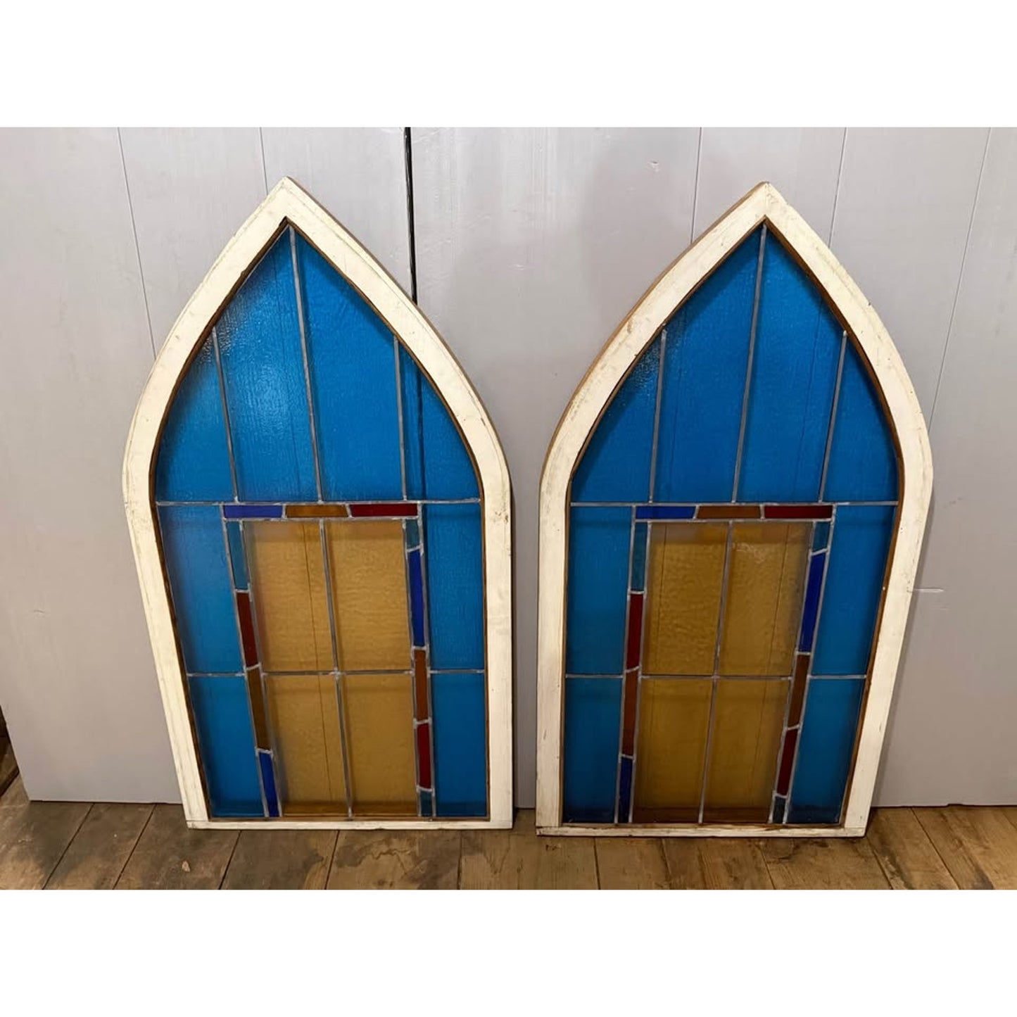 Set of 4 rare 1880’s gothic style & rectangular blue stained glass architectural salvage windows