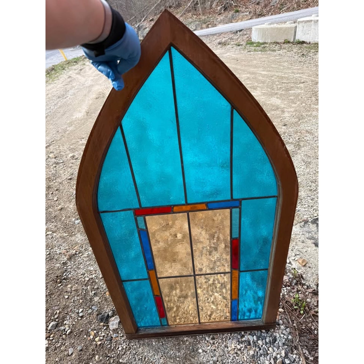 Set of 4 rare 1880’s gothic style & rectangular blue stained glass architectural salvage windows