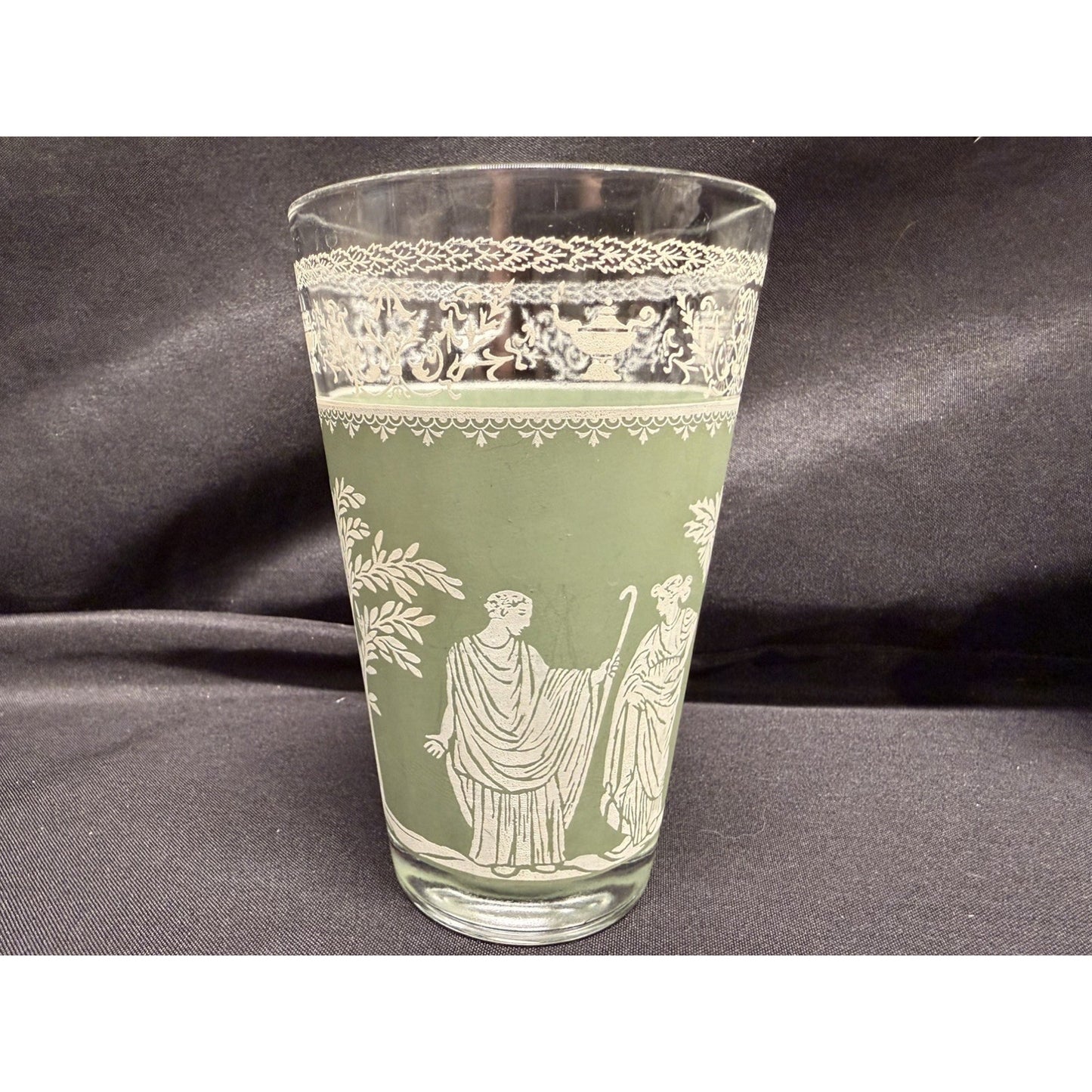Set of 6 Wedgewood Jeanette Helllenic Sage green white Vintage glass tumblers 5”