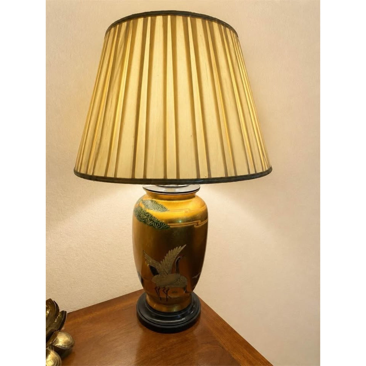Pair of Vintage Asian hand painted Gold Ceramic Table Lamps with cranes
