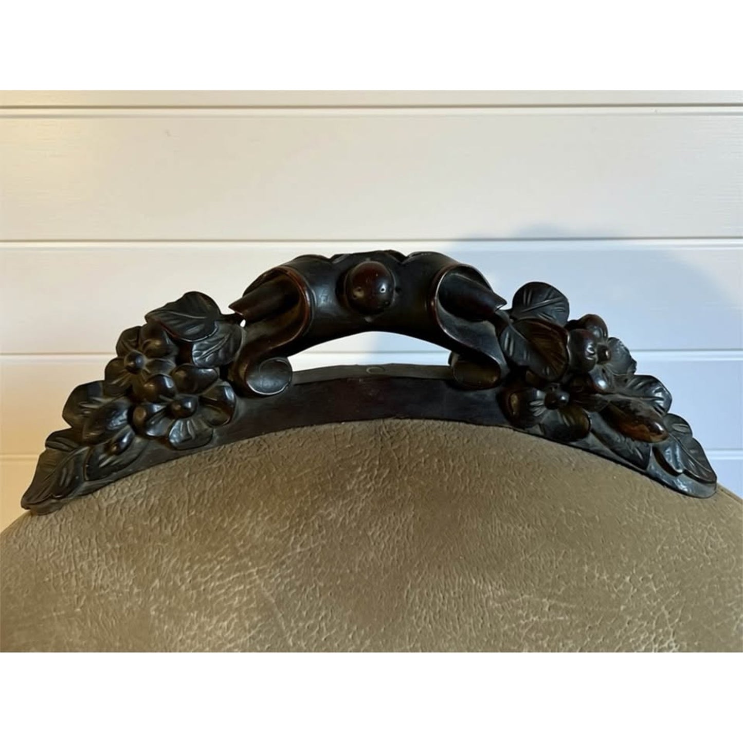 Antique 19th century Victorian chair with carved wood & original casters newly re- upholstered