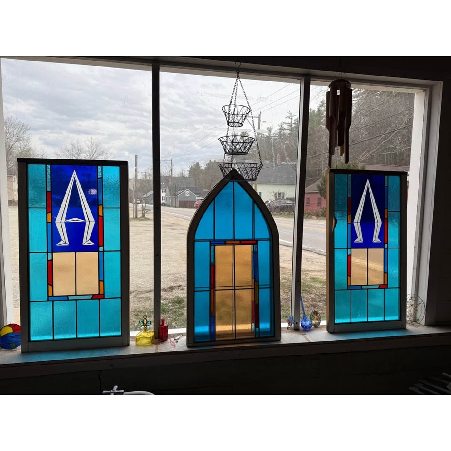 Set of 4 rare 1880’s gothic style & rectangular blue stained glass architectural salvage windows