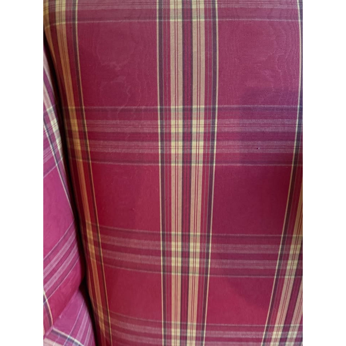 Red, cream & brown plaid wing back chair, great for country cottage!