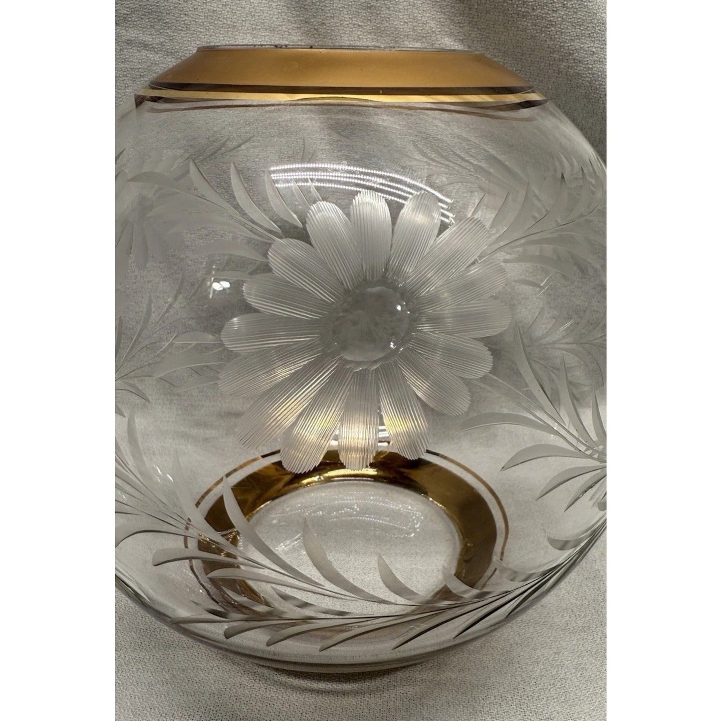 Rare Mid Century Clear Glass Round Vase Etched Flowers Gold Rim On Top & Bottom