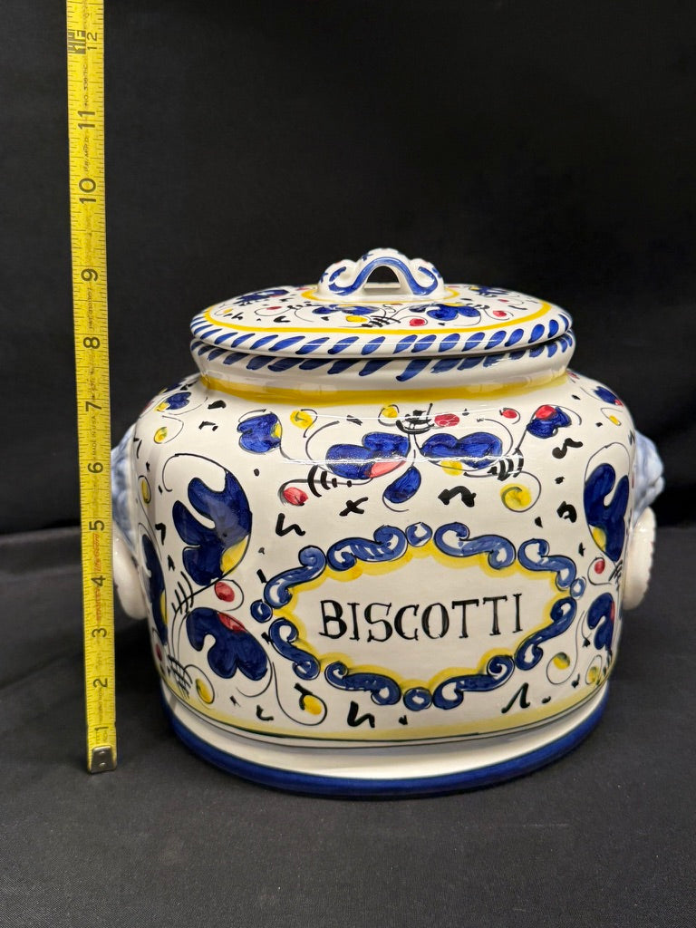 Vintage Deruta Italy Hand Painted Large Oval Cookie Jar/Canister withBiscotti Rooster