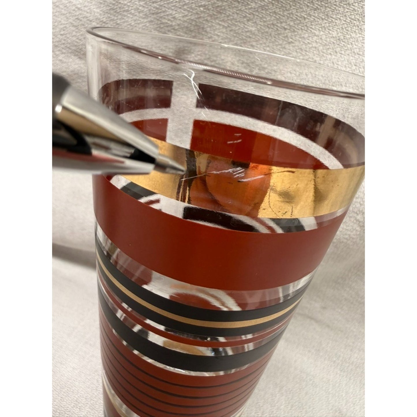(7) Rare mid century modern high ball striped glasses red gold black 7" tumbler