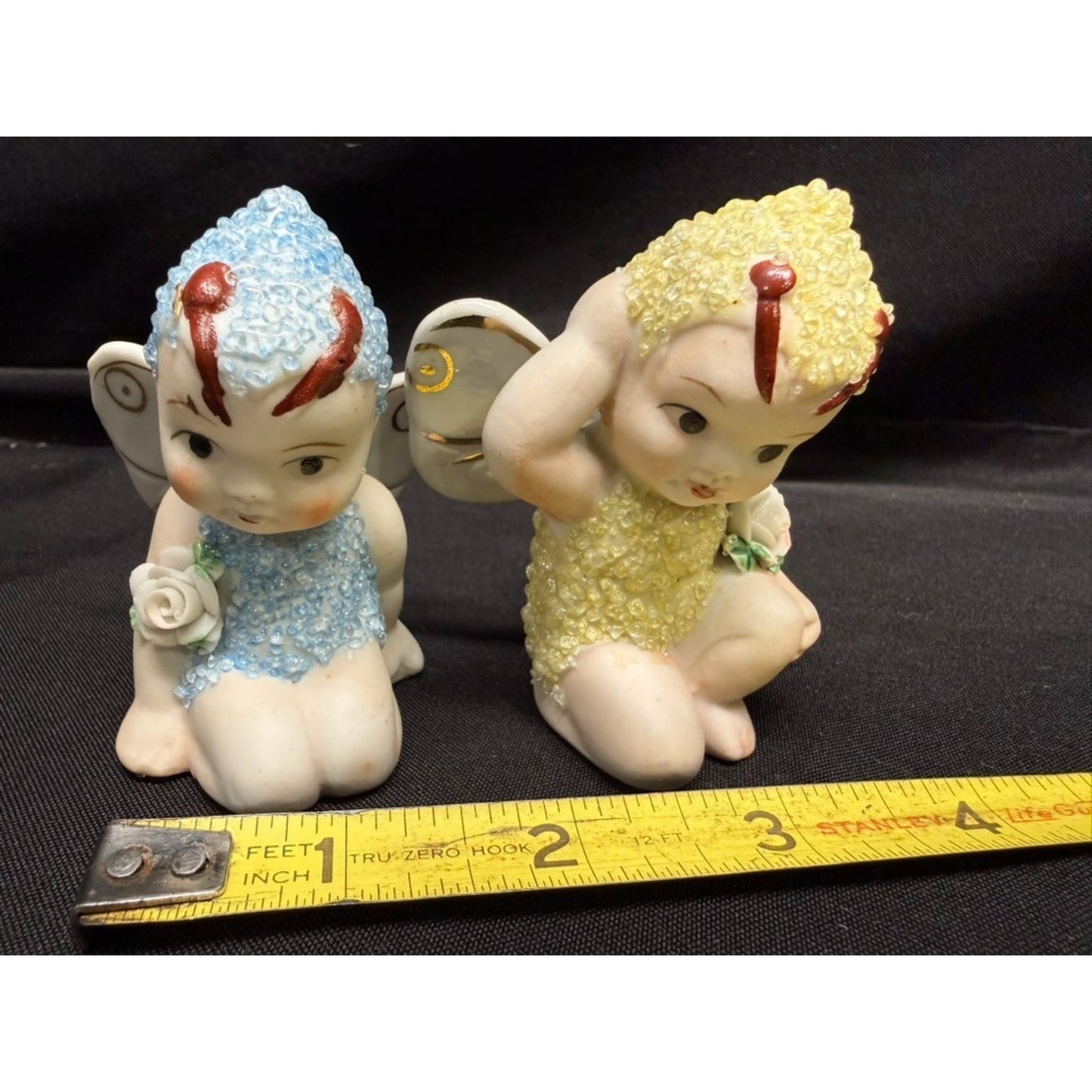 Pair of Vintage Sugar Baby Fairy Pixie Porcelain Figurines 1 blue 1 yellow 2.75"