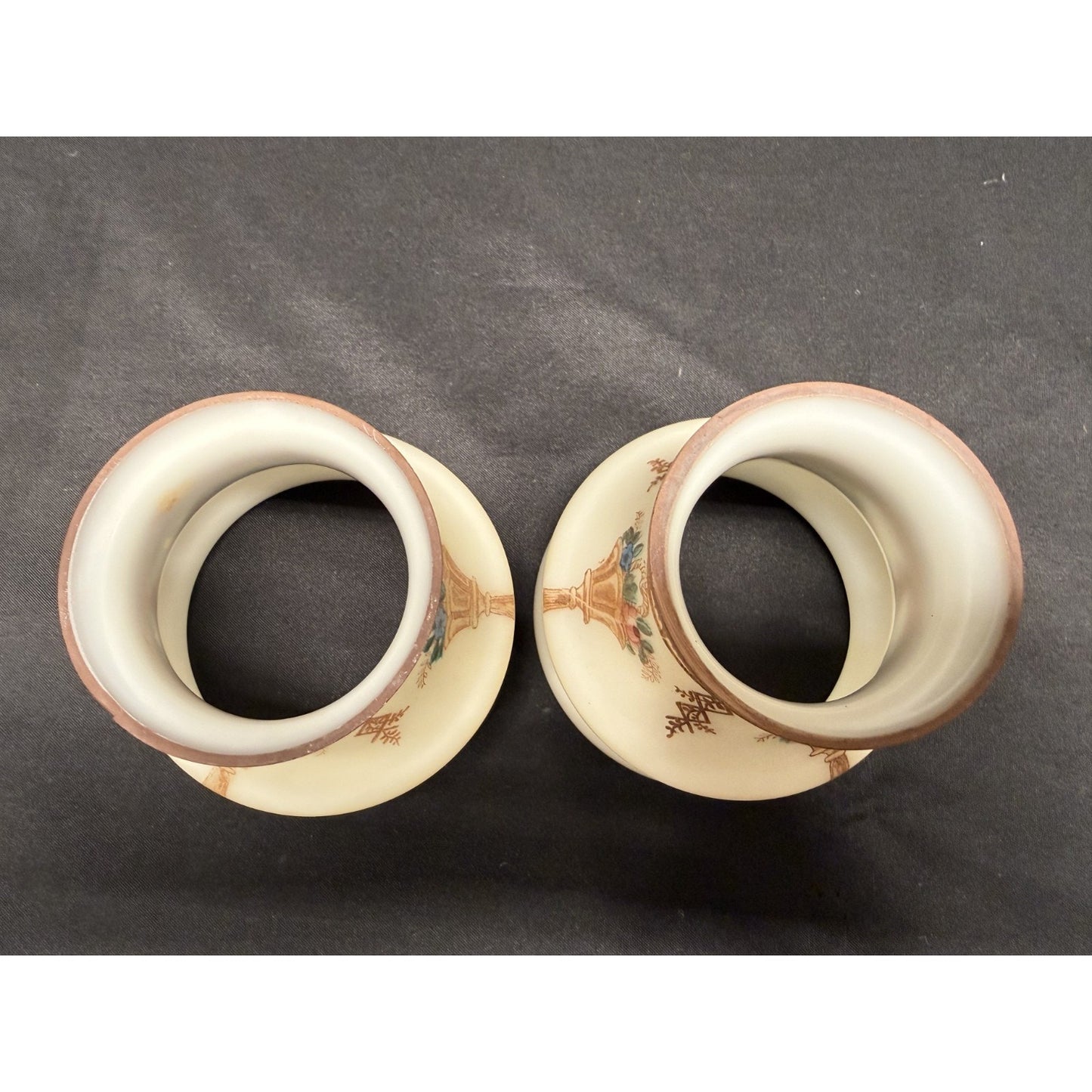 Rare (2) antique glass lamp shades hand painted bell shape brown cream floral 4"