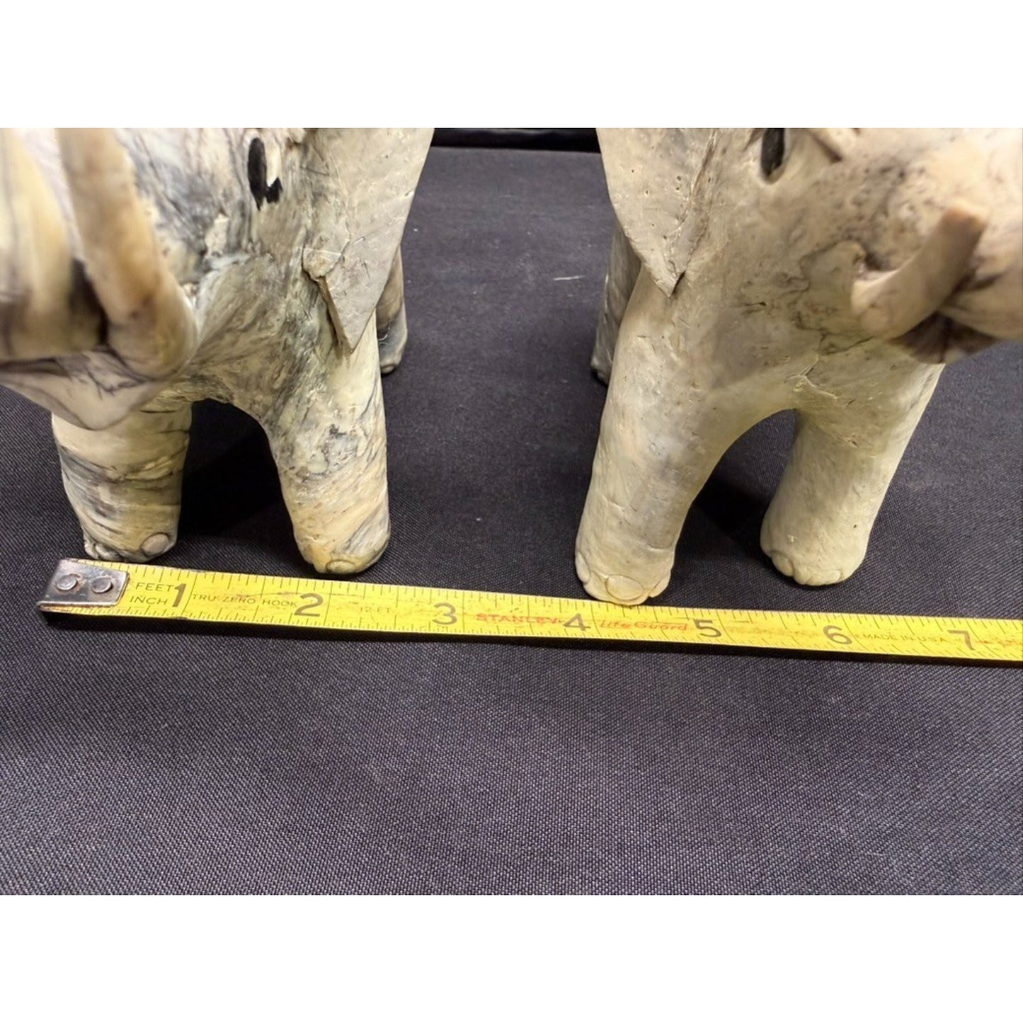 Pair Carved Elephants made from Crushed Oyster Shells trunk up Vintage 5.5" tall