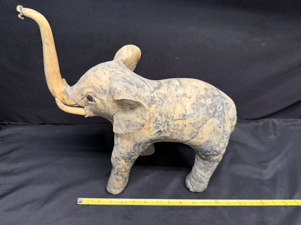 Large Vintage Carved Elephant made from Crushed Oyster Shells with trunk up 15” tall