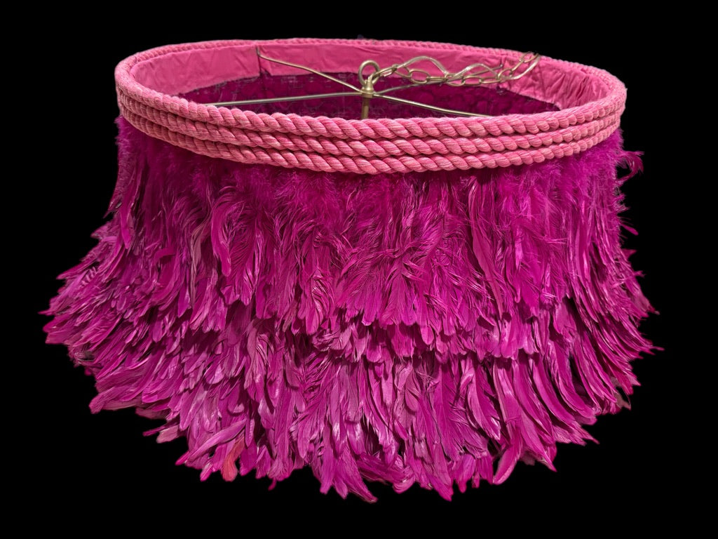 Jamie Dietrich Pink Fuscia Feather Pendant Drum 5 Light Chandelier 24” X 12” pre-owned