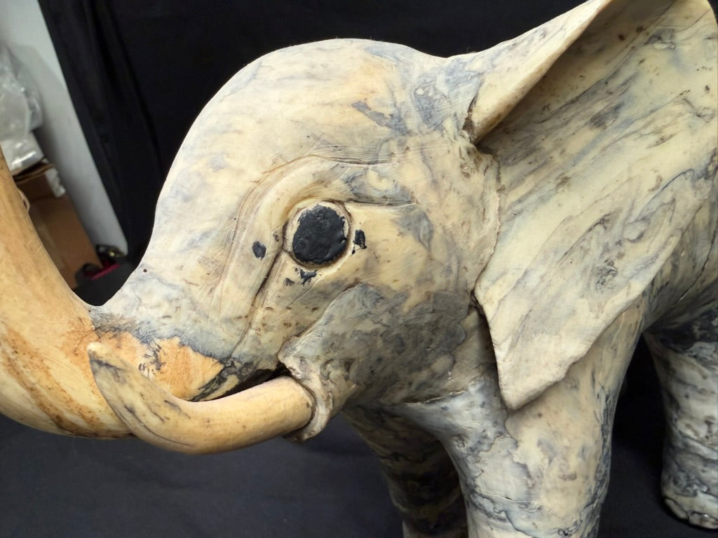 Large Vintage Carved Elephant made from Crushed Oyster Shells with trunk up 15” tall