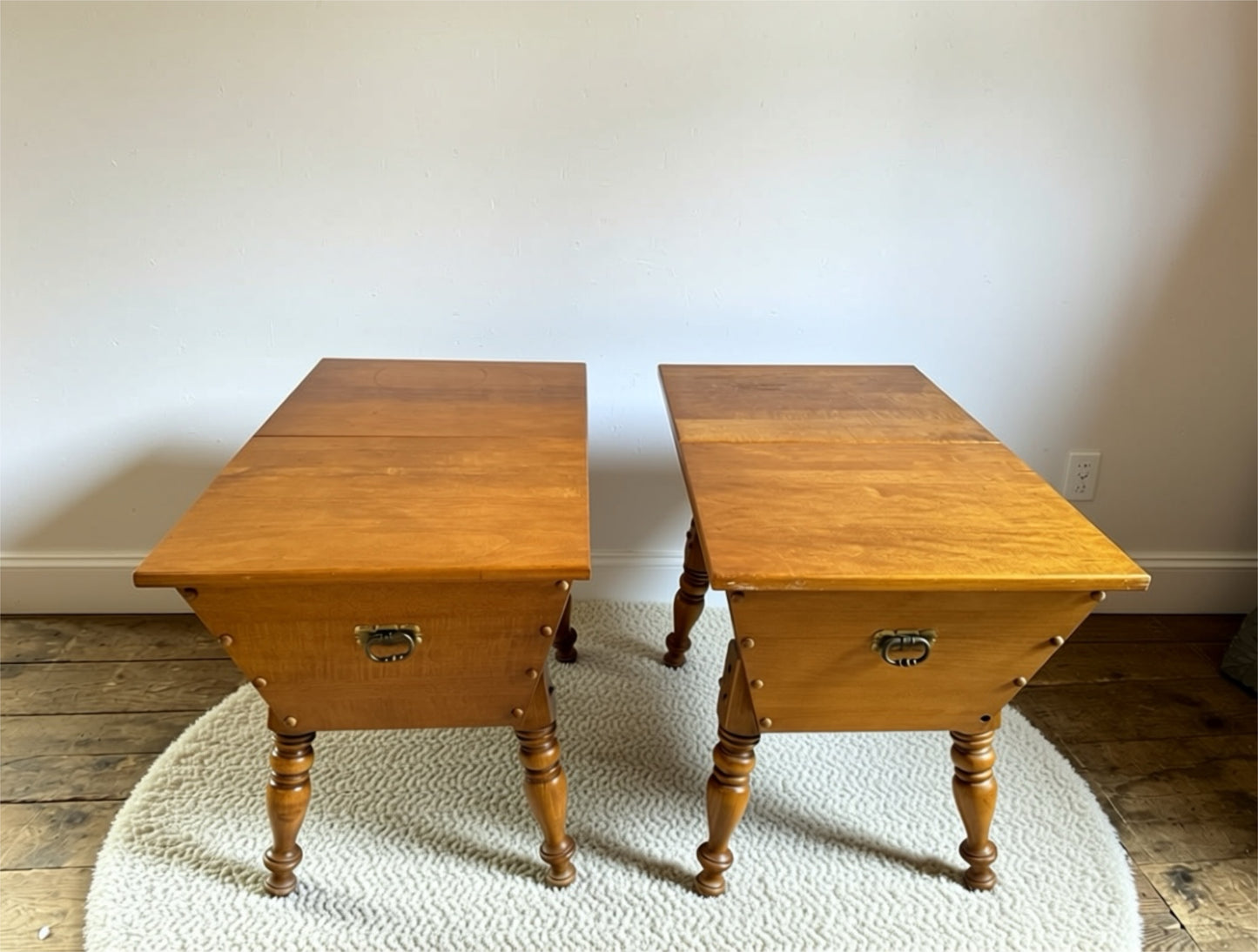 Pair of vintage solid maple dough box end tables with double flip top opening tops