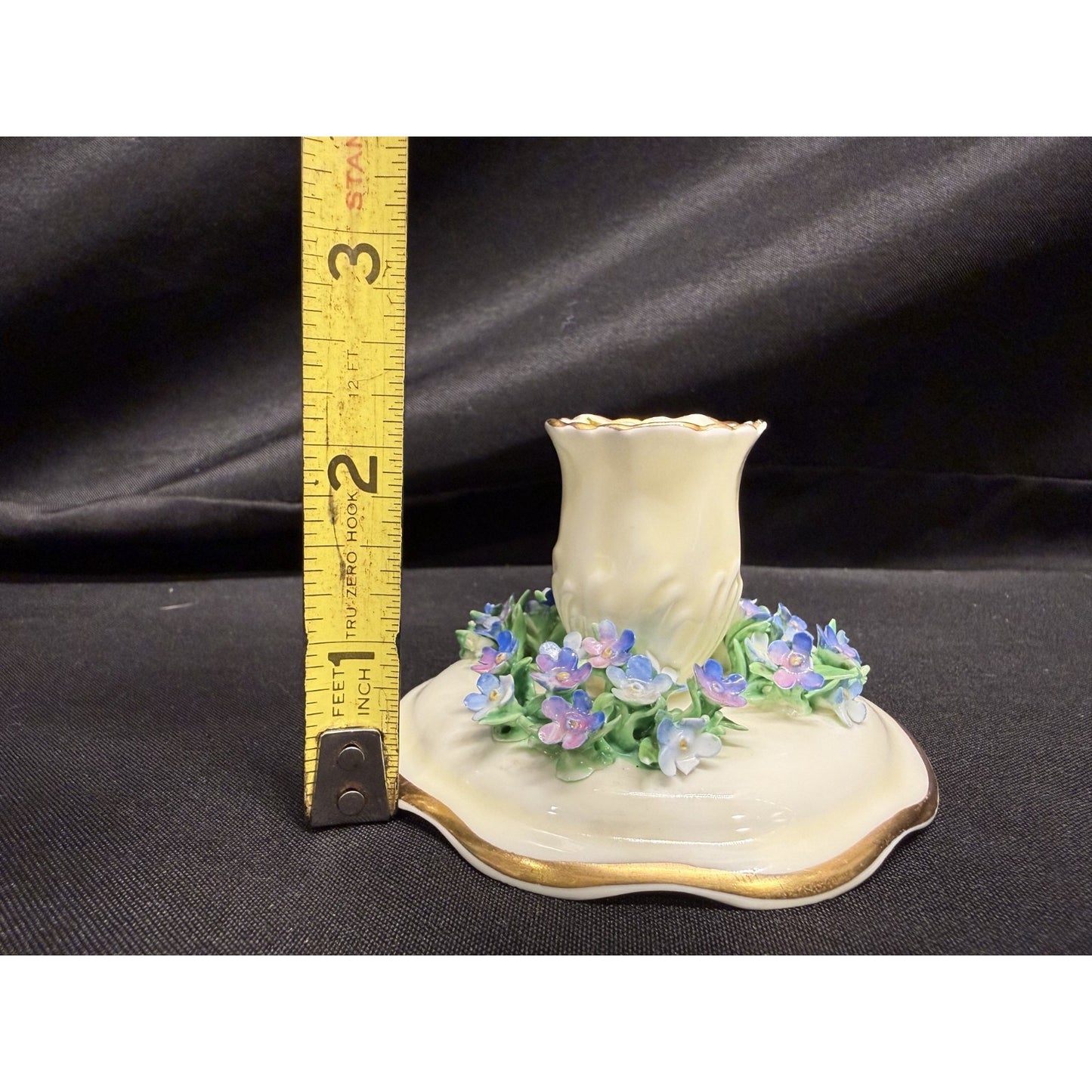 Rare pair crown staffordshire candle holders flowers purple porcelain 2" England