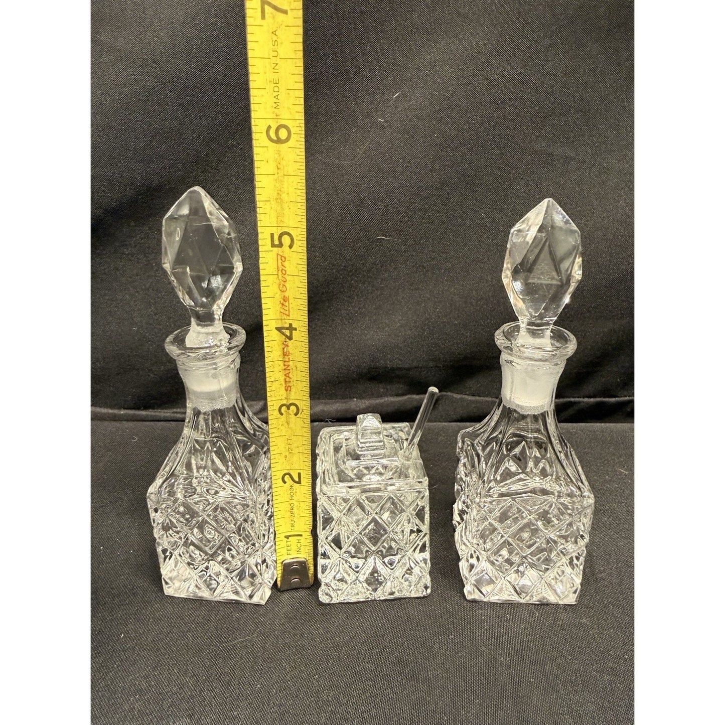 Rare Mini Crystal Clear Glass Cruets & Jam Jar W/ Spoon Set Of 3 Square Vintage