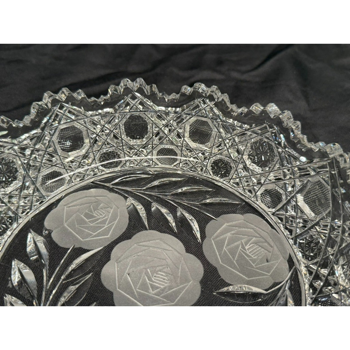 American Brilliant Crystal Cut Glass Round Centerpiece Bowl Etched Flowers 8"