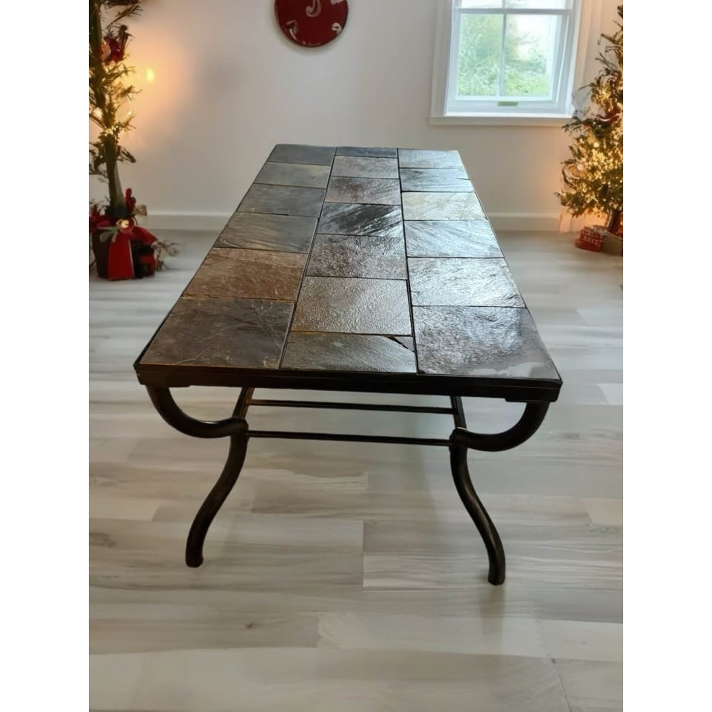 Slate tile top coffee table with black metal frame, nice neutral colors