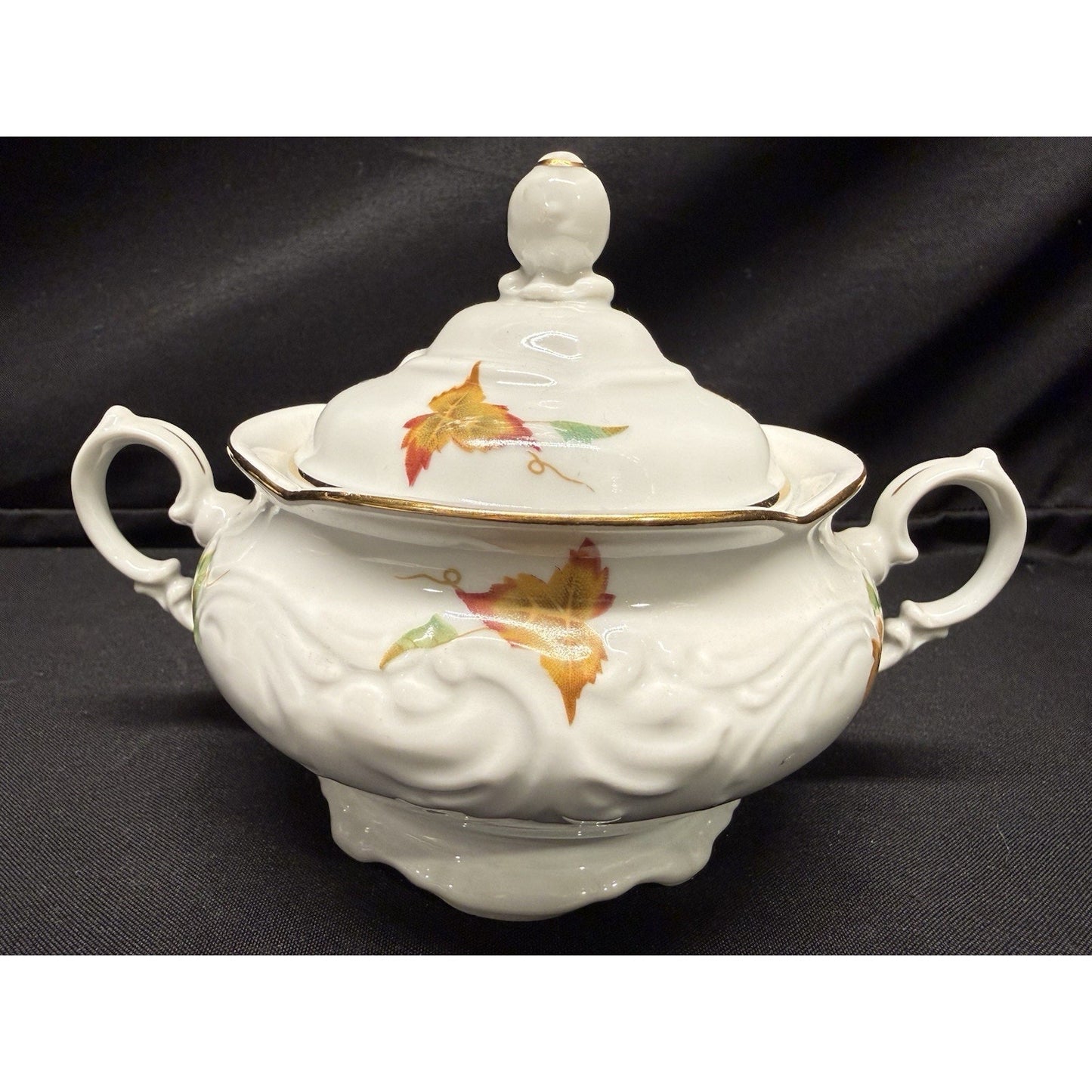 Vintage Walbrzych Sugar & Creamer Dish Set Autumn Leaves Gold Gilding Porcelain