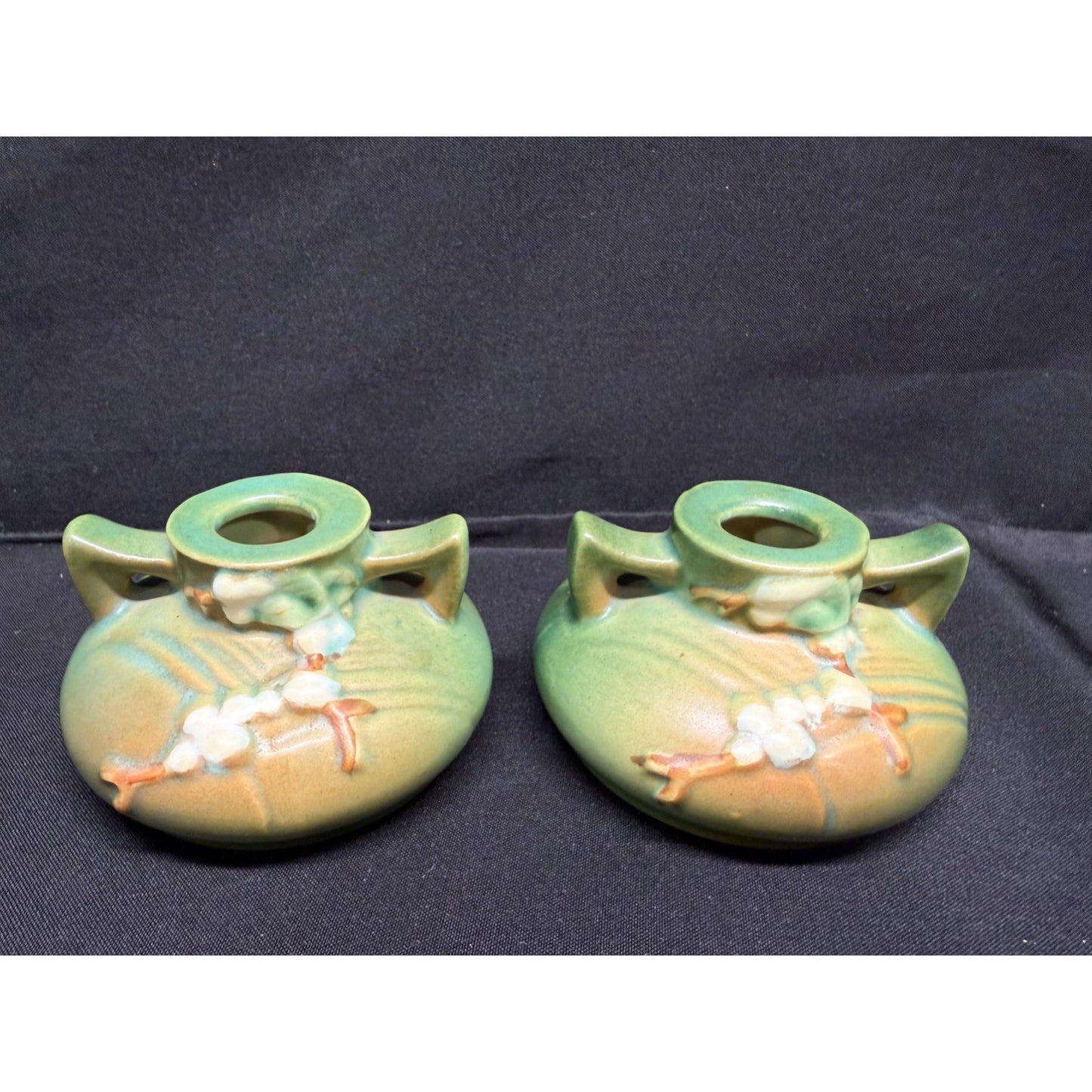 Pair of Roseville Pottery Candlestick Holders Green white berry 1CS1 Vintage