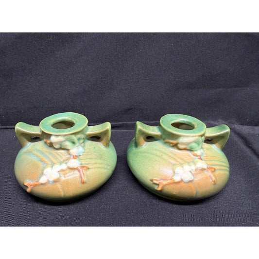Pair of Roseville Pottery Candlestick Holders Green white berry 1CS1 Vintage