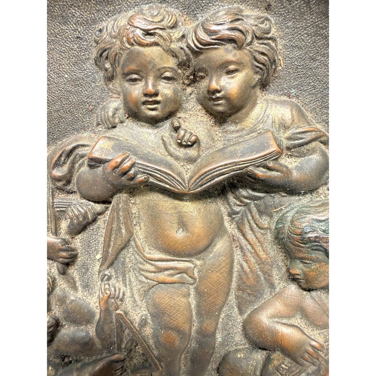 Rare Antique Bronze 5 Cherubs Playing Instruments relief Plaque Wall Hanging 9”