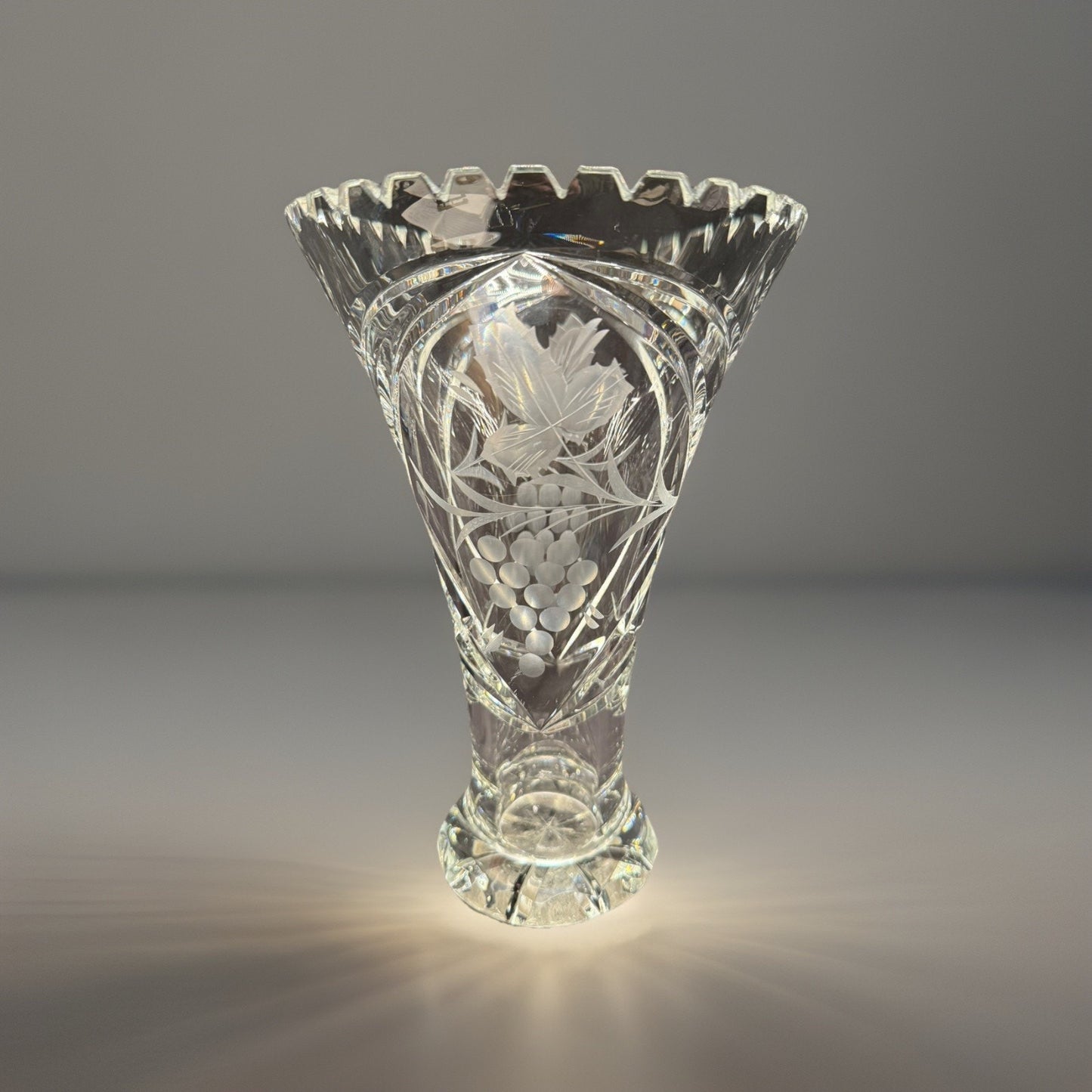 Vintage Crystal clear cut glass Vase Germany Lausitzer Glas etched grapes 10.5”