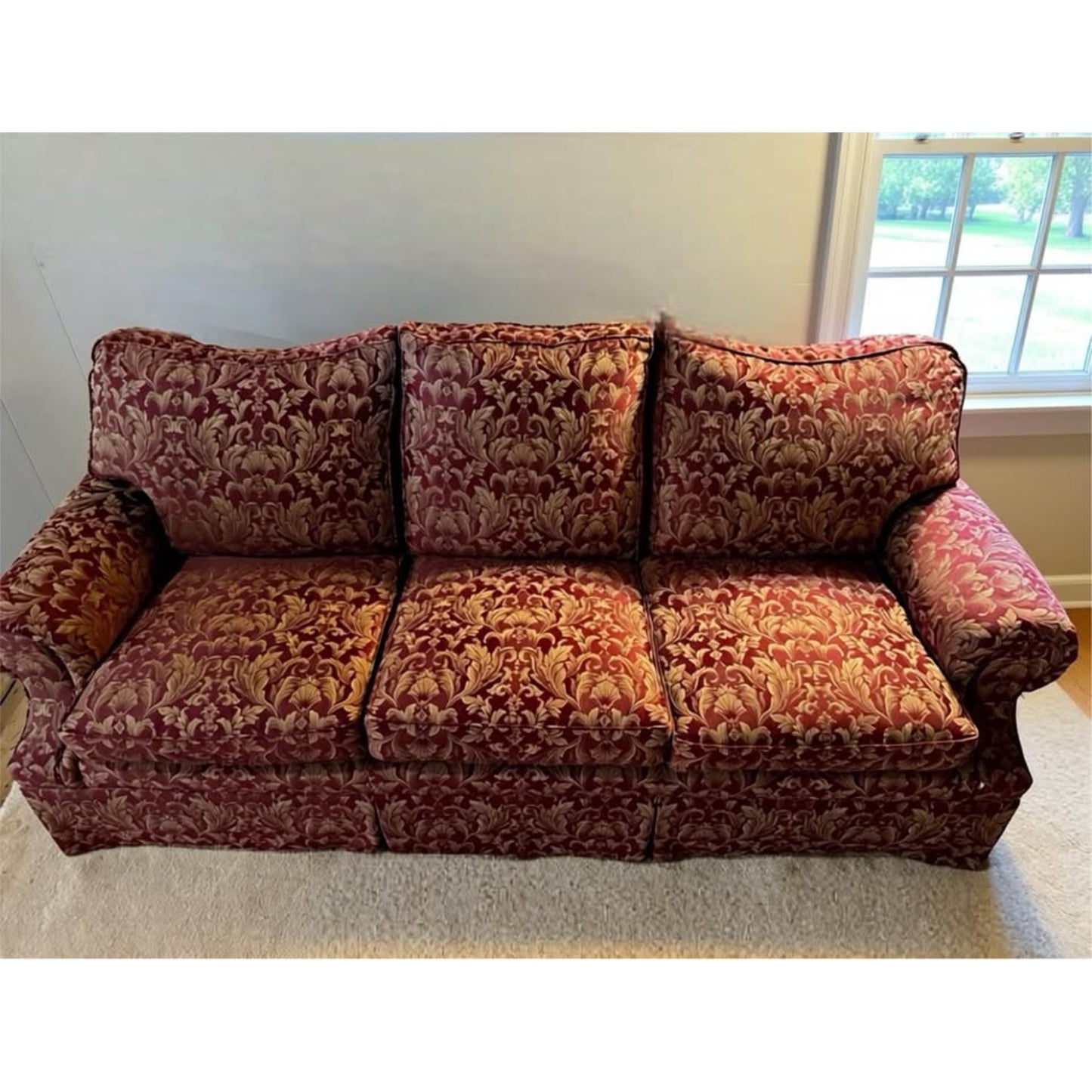 Burgundy and beige 3 seater plush couch very soft