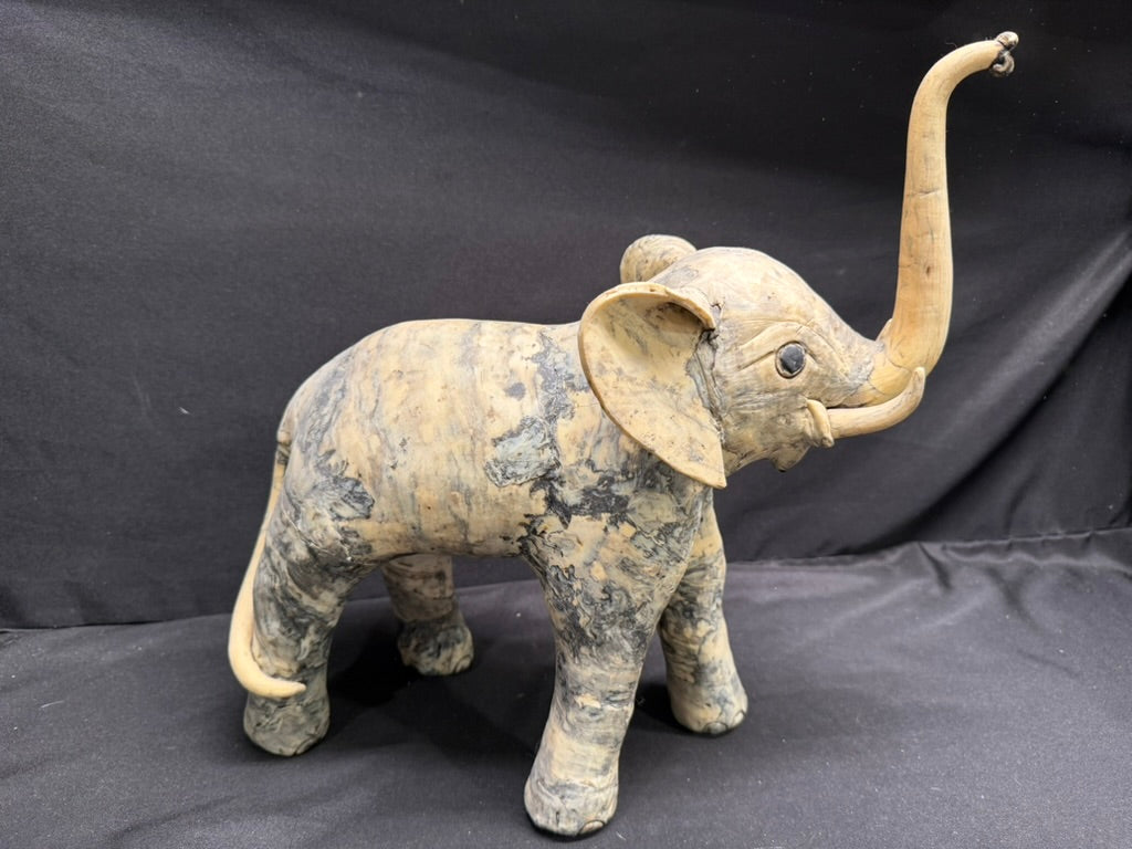 Large Vintage Carved Elephant made from Crushed Oyster Shells with trunk up 15” tall