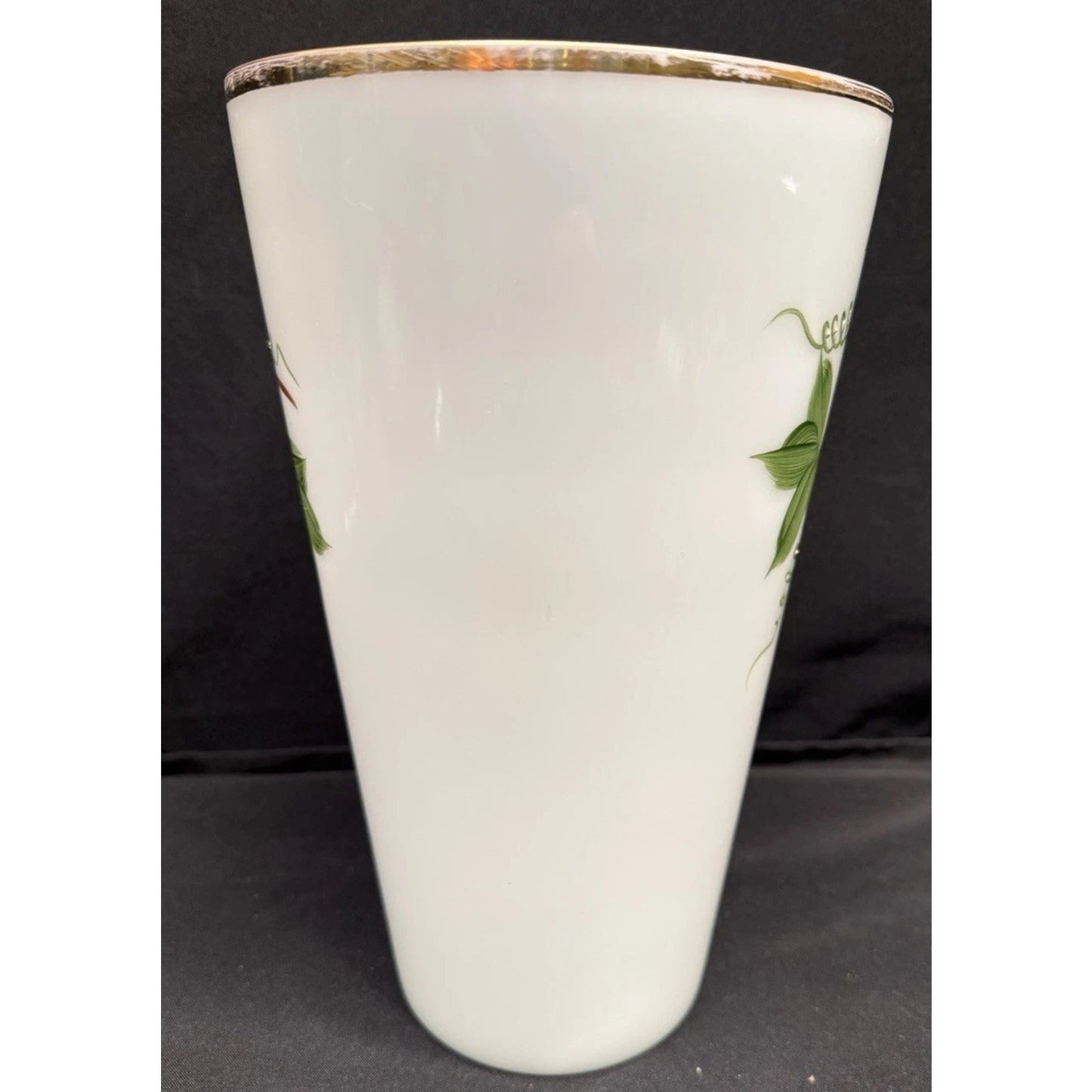 White vintage Opaline Glass Handpainted Vase with green ivy grape leaves 10.25”