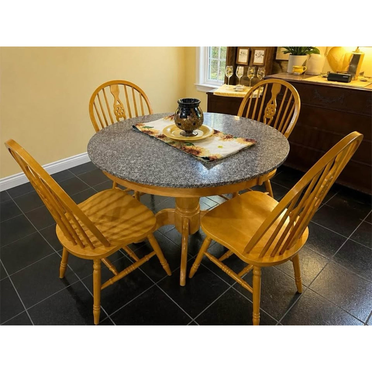 Round pedestal style granite top dining room table black/grey granite and 4 matching chairs