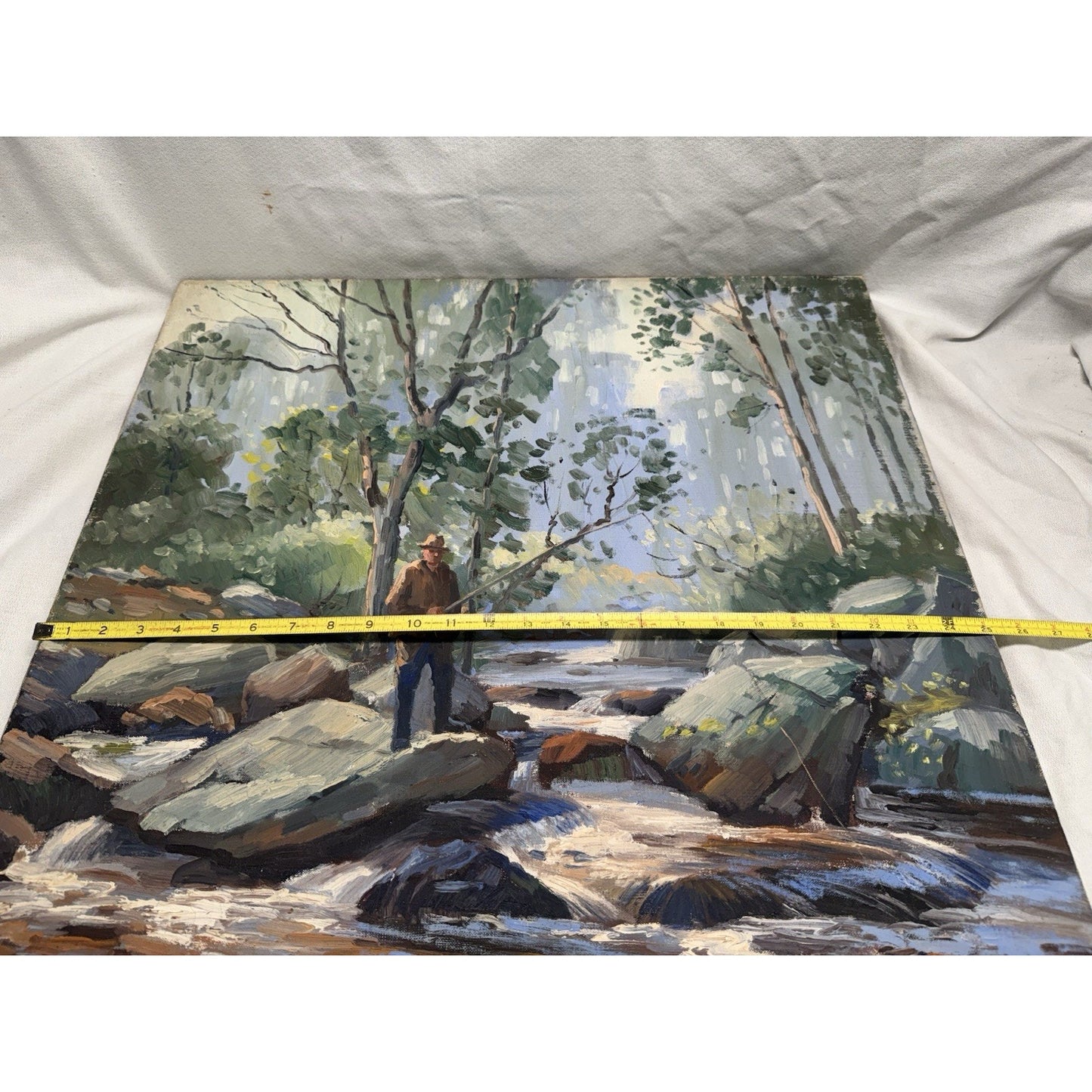 Charles Gordon Harris Painting Man Fishing New England River 30” X 25” Vintage