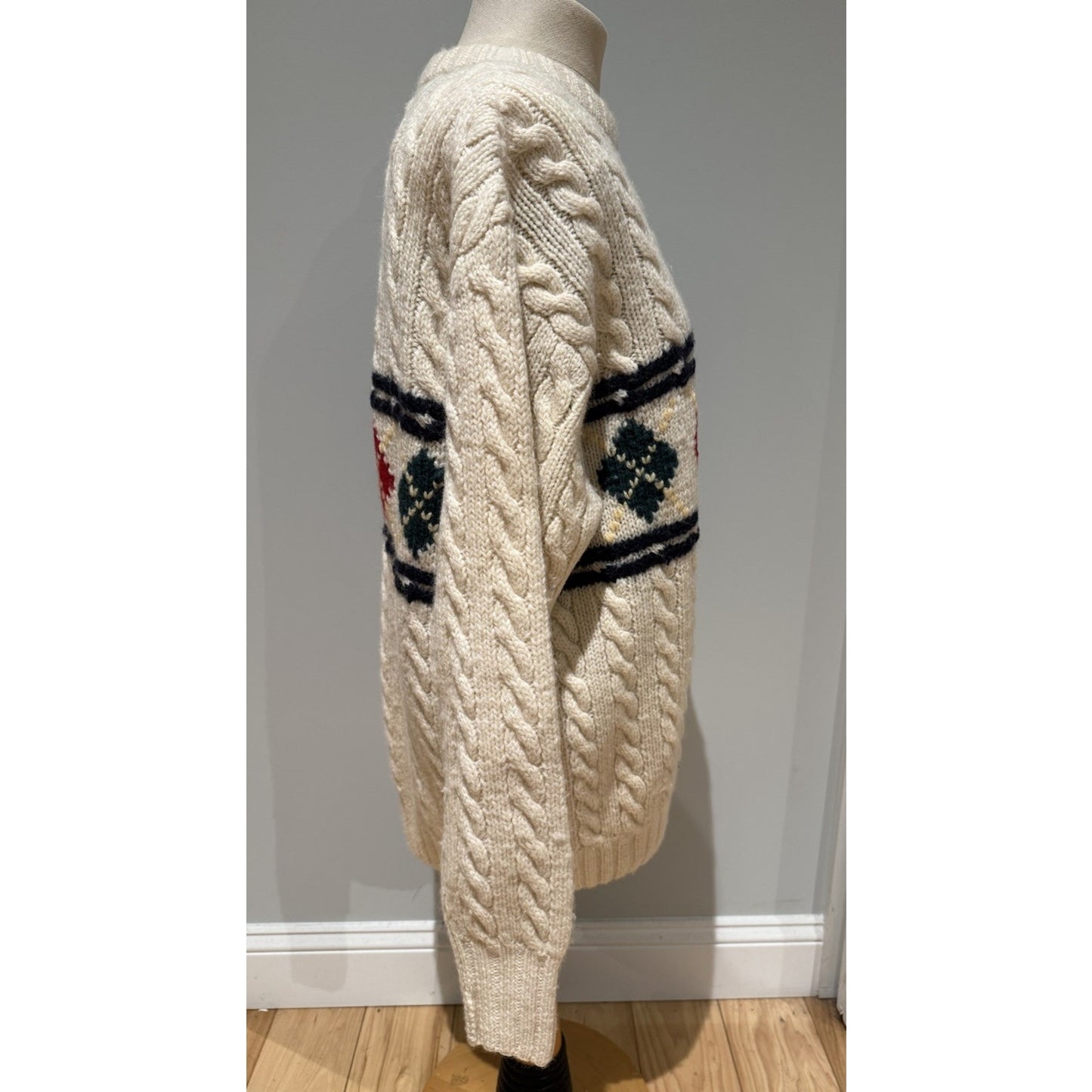 Vintage Abercrombie & Fitch Cream Knit Sweater Argyle Pattern Womens large wool