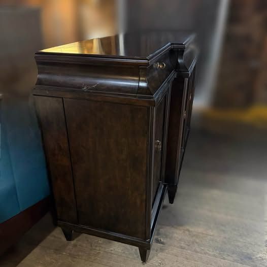 A.R.T Discontinued brindle buffet with Greek style hardware & inner wine slats