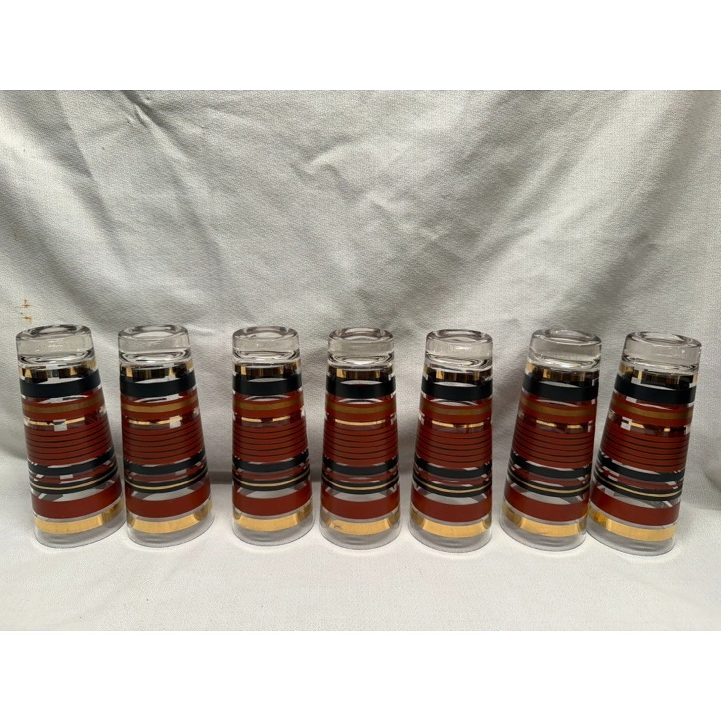 (7) Rare mid century modern high ball striped glasses red gold black 7" tumbler