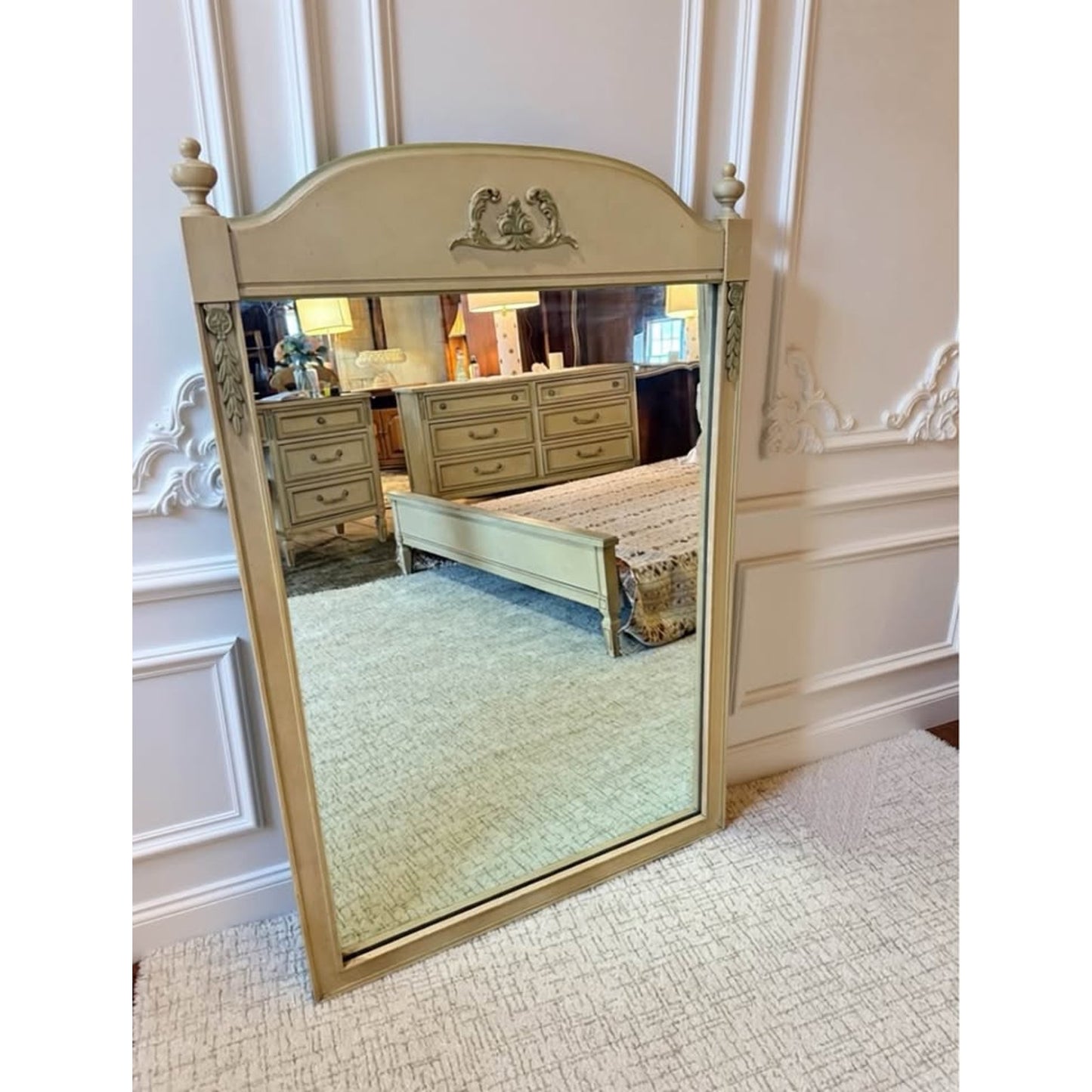 Cream color French provincial bedroom set bed frame, desk, bookcase, mirror, night stand, dresser