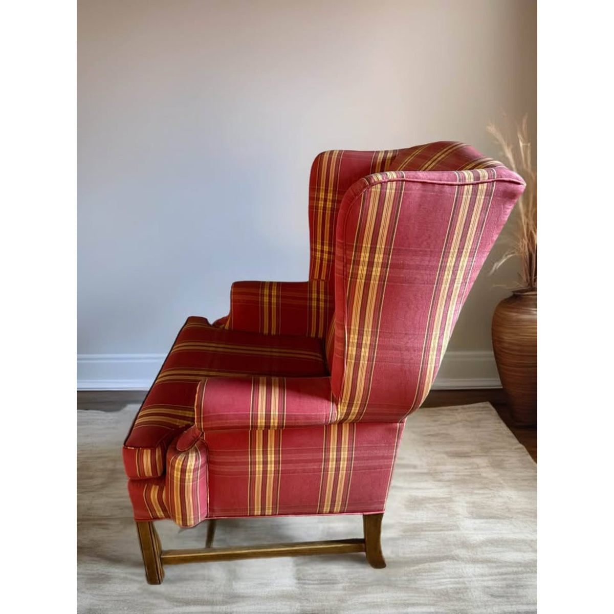Red, cream & brown plaid wing back chair, great for country cottage!