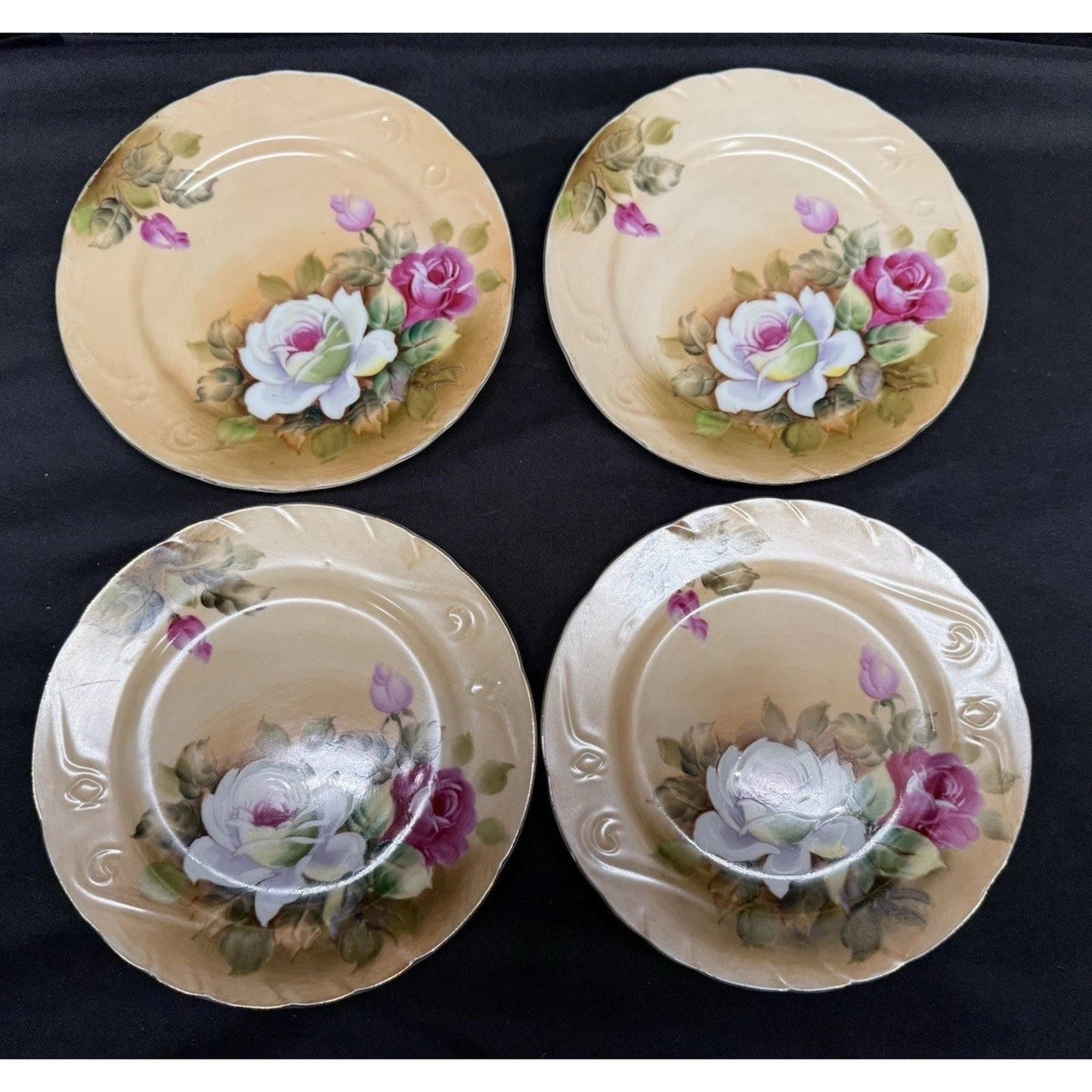 Set of 4 Vintage Lefton Heritage Brown Floral Hand-Painted Salad Plates 7.25”