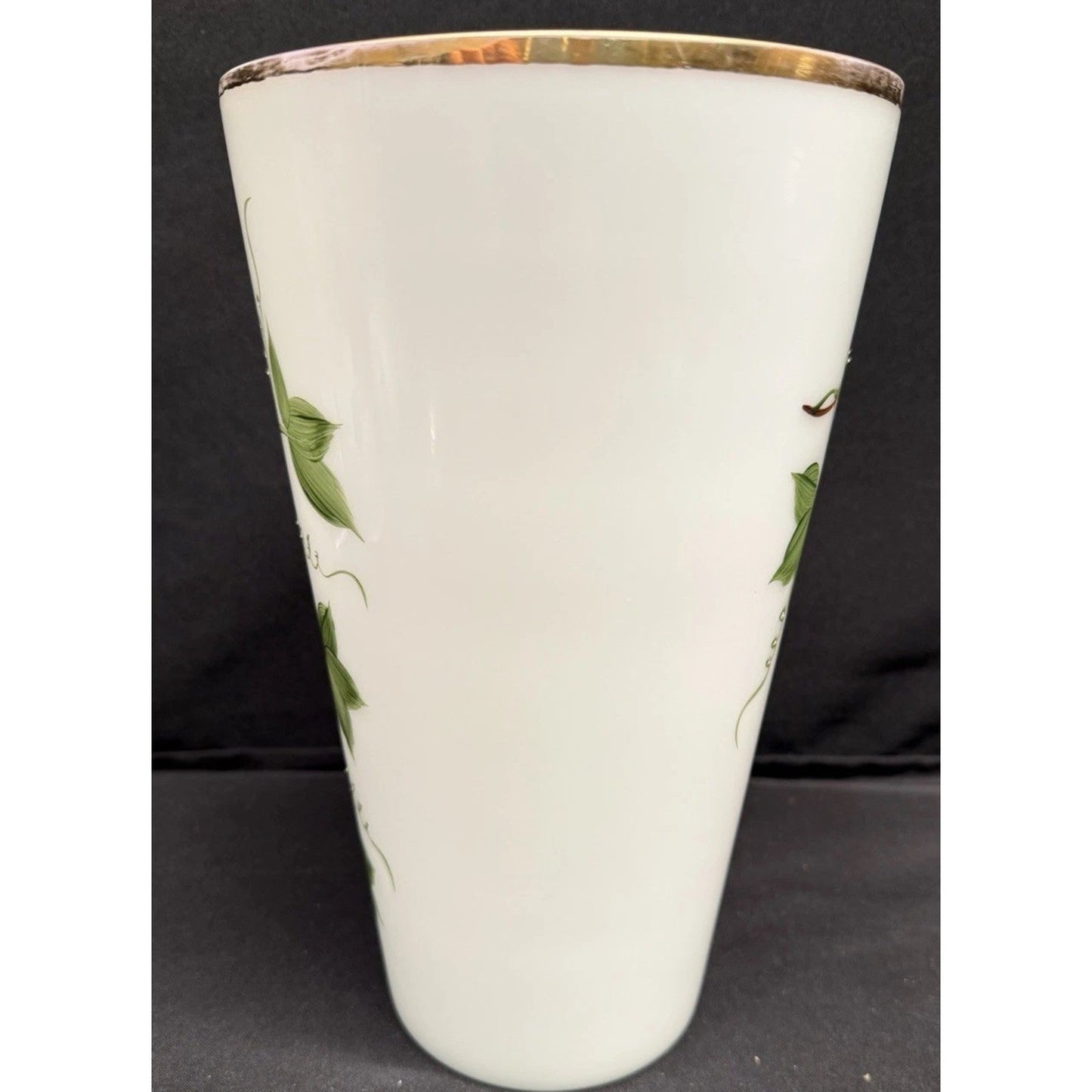 White vintage Opaline Glass Handpainted Vase with green ivy grape leaves 10.25”