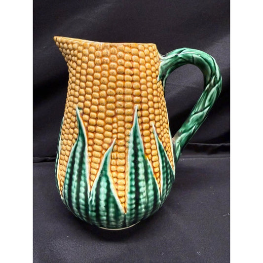 Vintage corn & husk pitcher ceramic majolica style portugal 8 inch yellow green