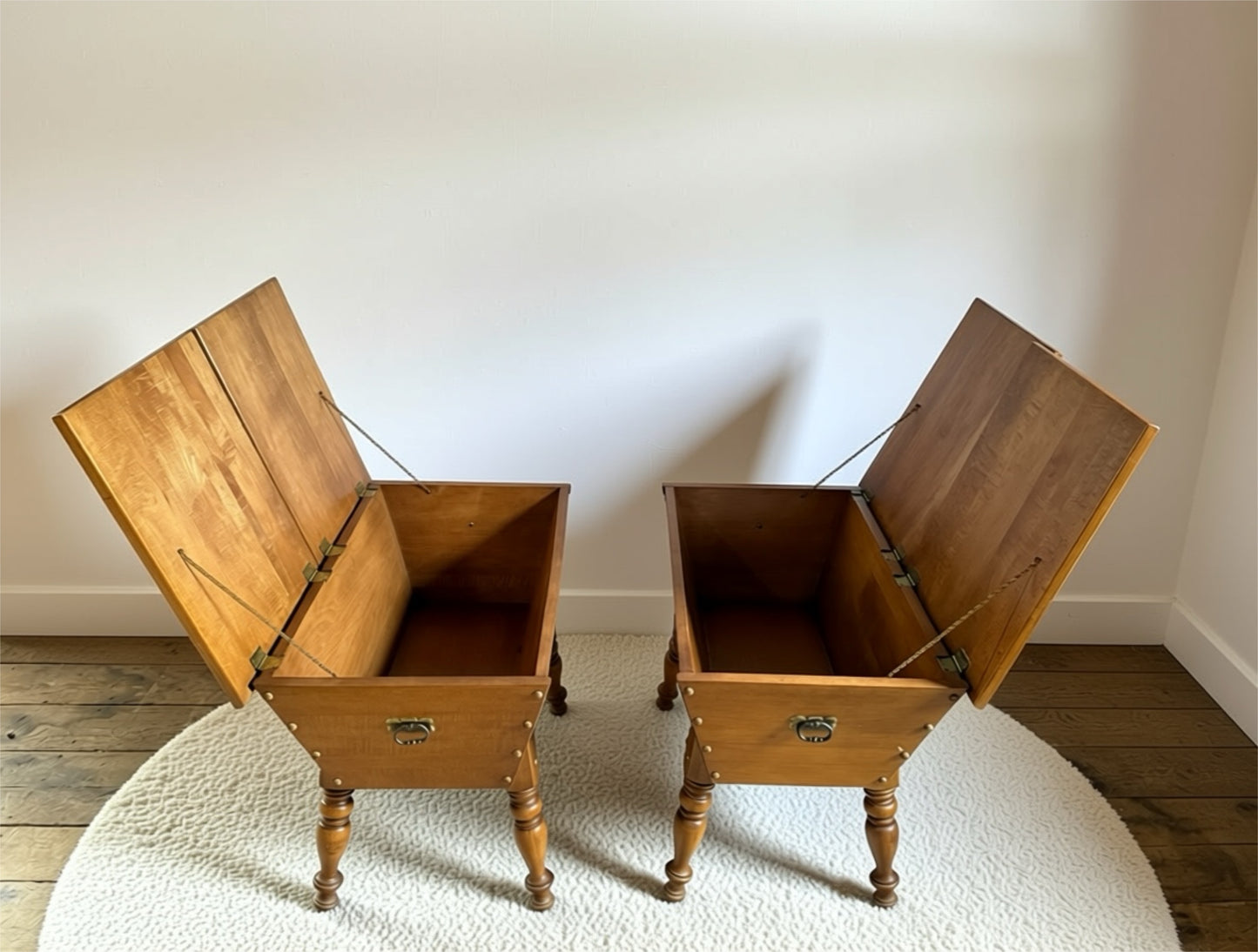 Pair of vintage solid maple dough box end tables with double flip top opening tops