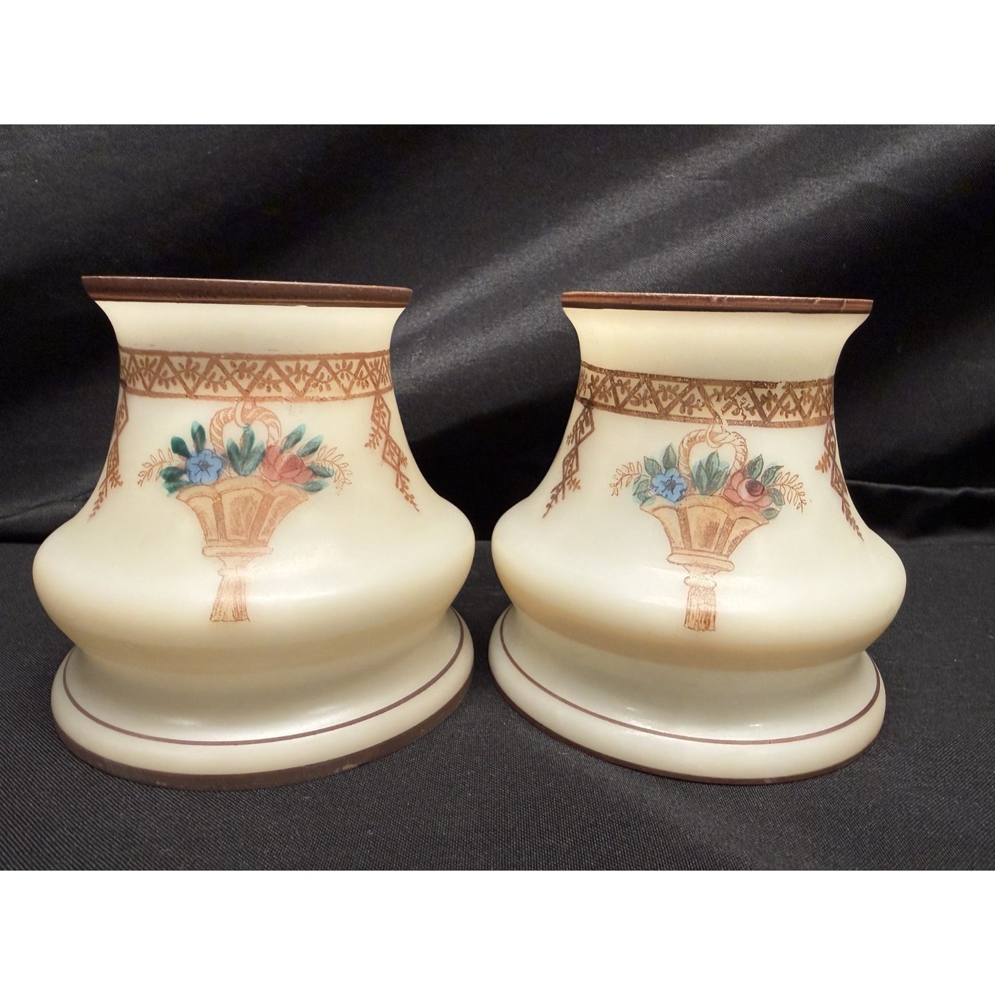 Rare (2) antique glass lamp shades hand painted bell shape brown cream floral 4"