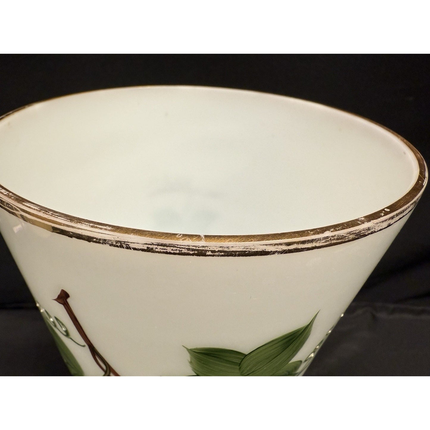 White vintage Opaline Glass Handpainted Vase with green ivy grape leaves 10.25”