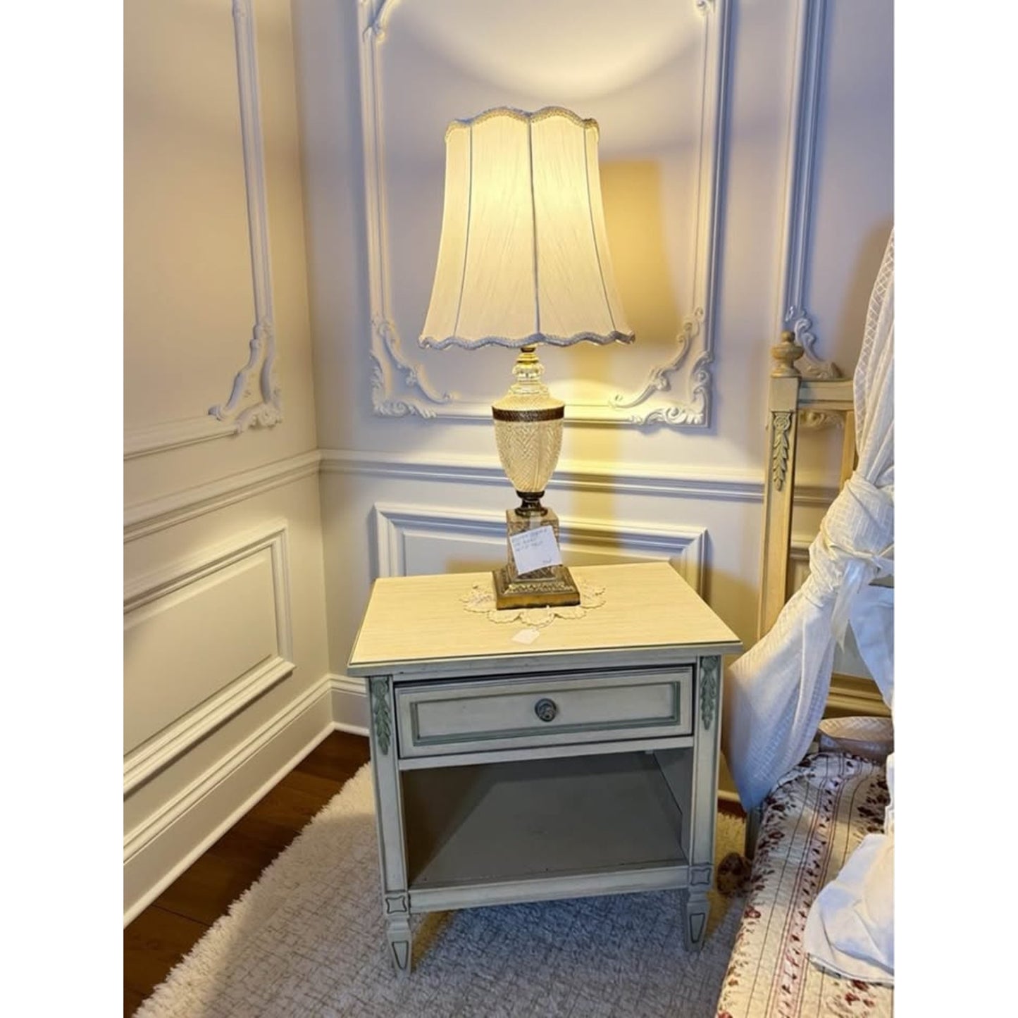 Cream color French provincial bedroom set bed frame, desk, bookcase, mirror, night stand, dresser
