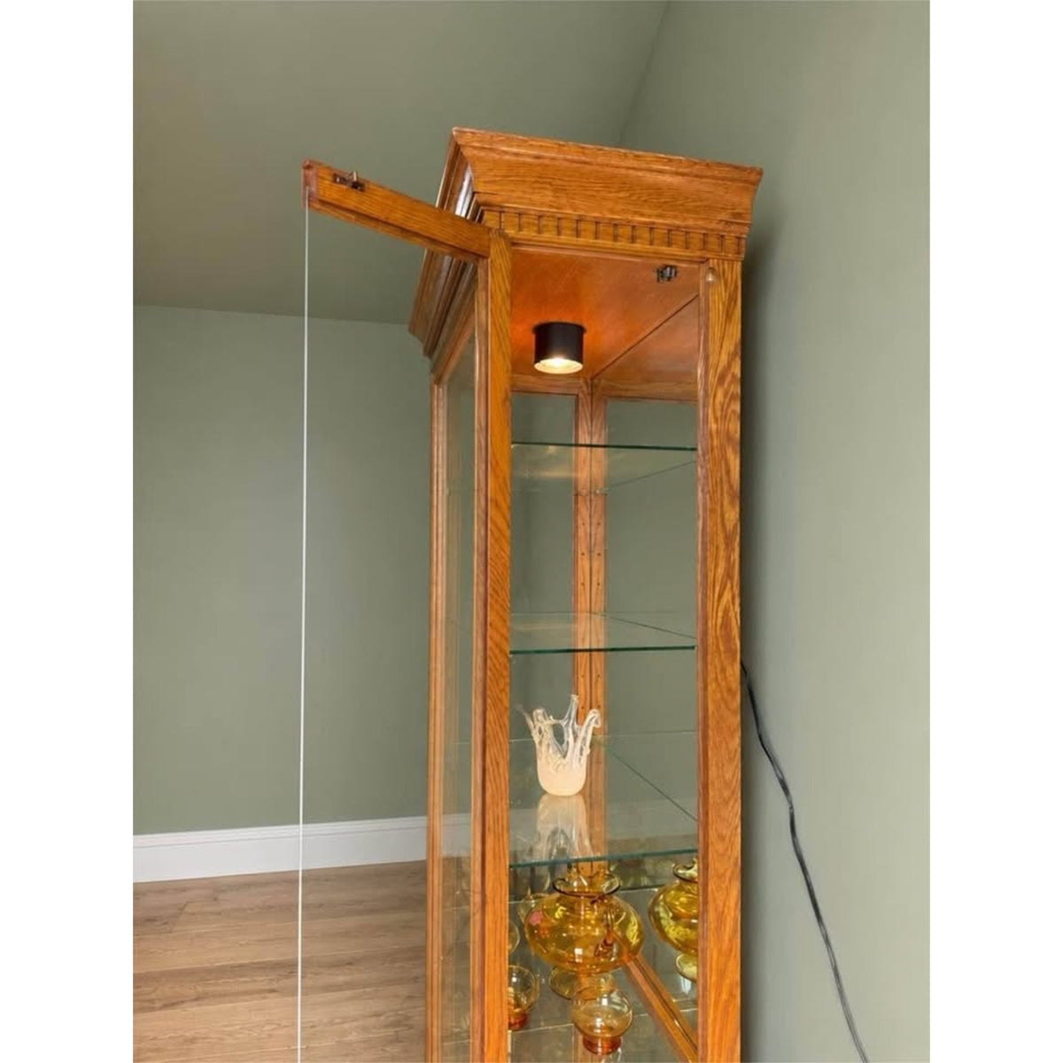 Vintage oak and glass lighted display cabinet/curio cabinet