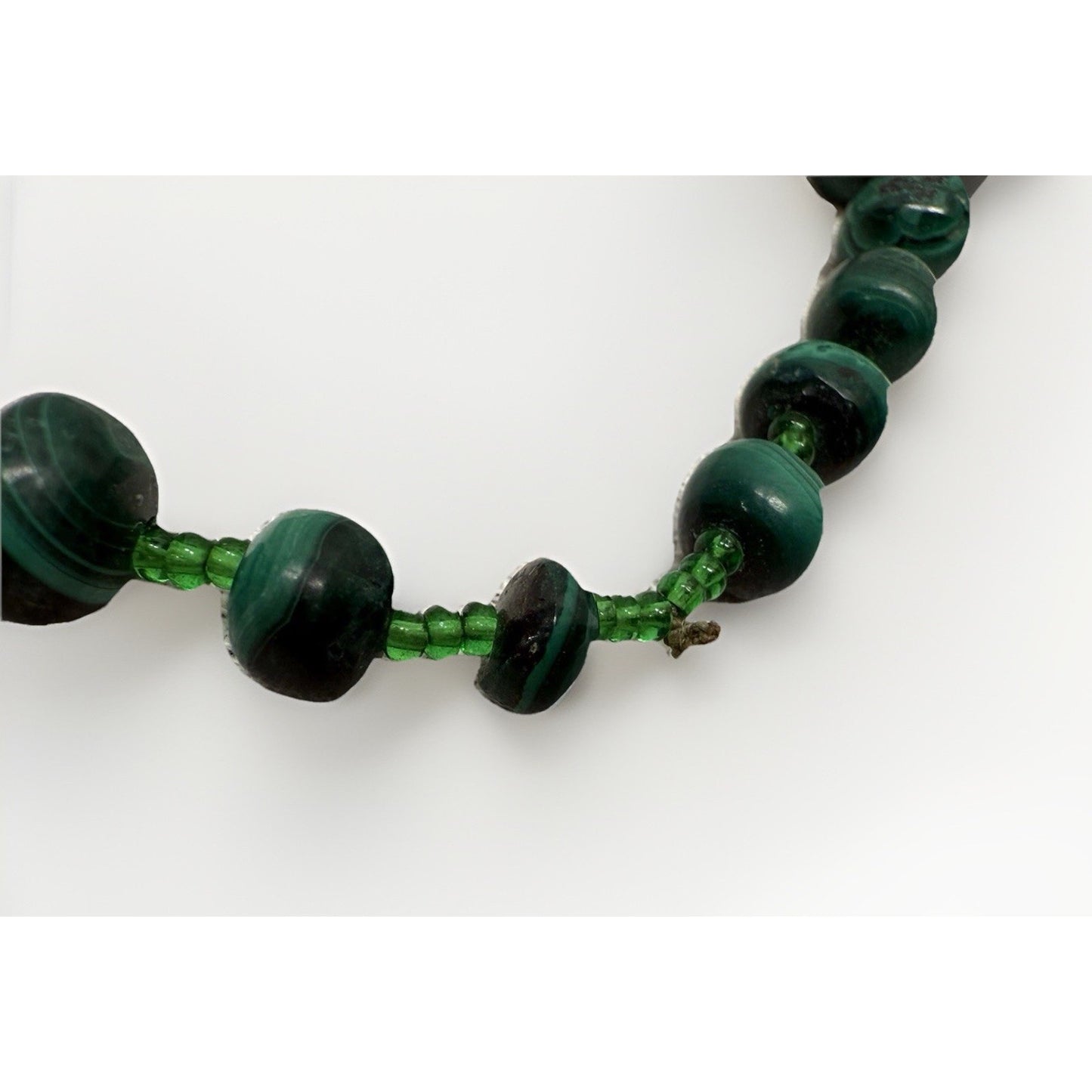 Vintage Chinese Malachite natural carved green gemstone beaded necklace 12”