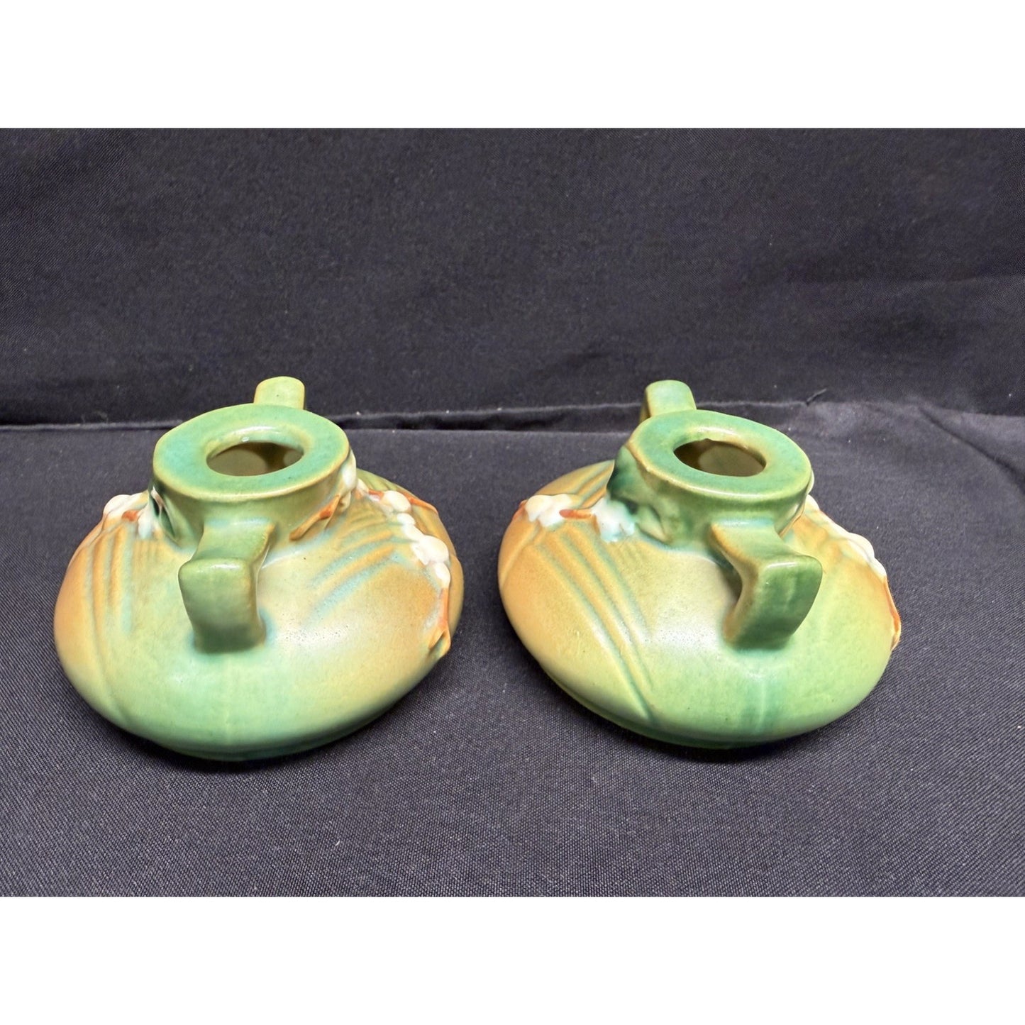 Pair of Roseville Pottery Candlestick Holders Green white berry 1CS1 Vintage