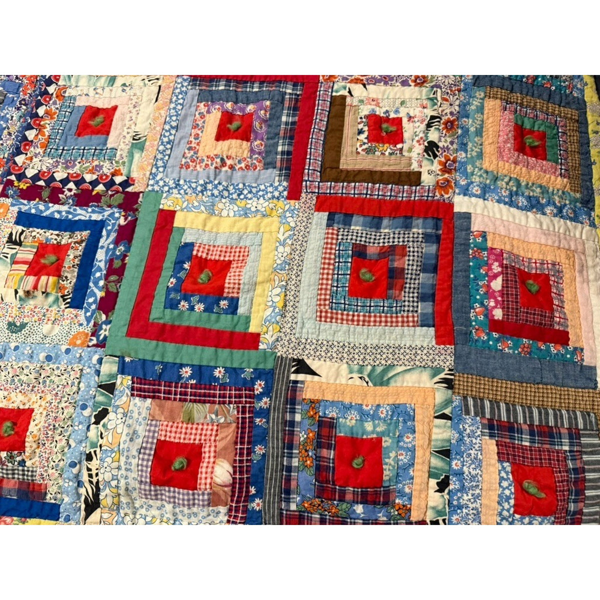 Antique Handmade Log Cabin Quilt Twin Size 60" x 80" Vintage Farmhouse cottage
