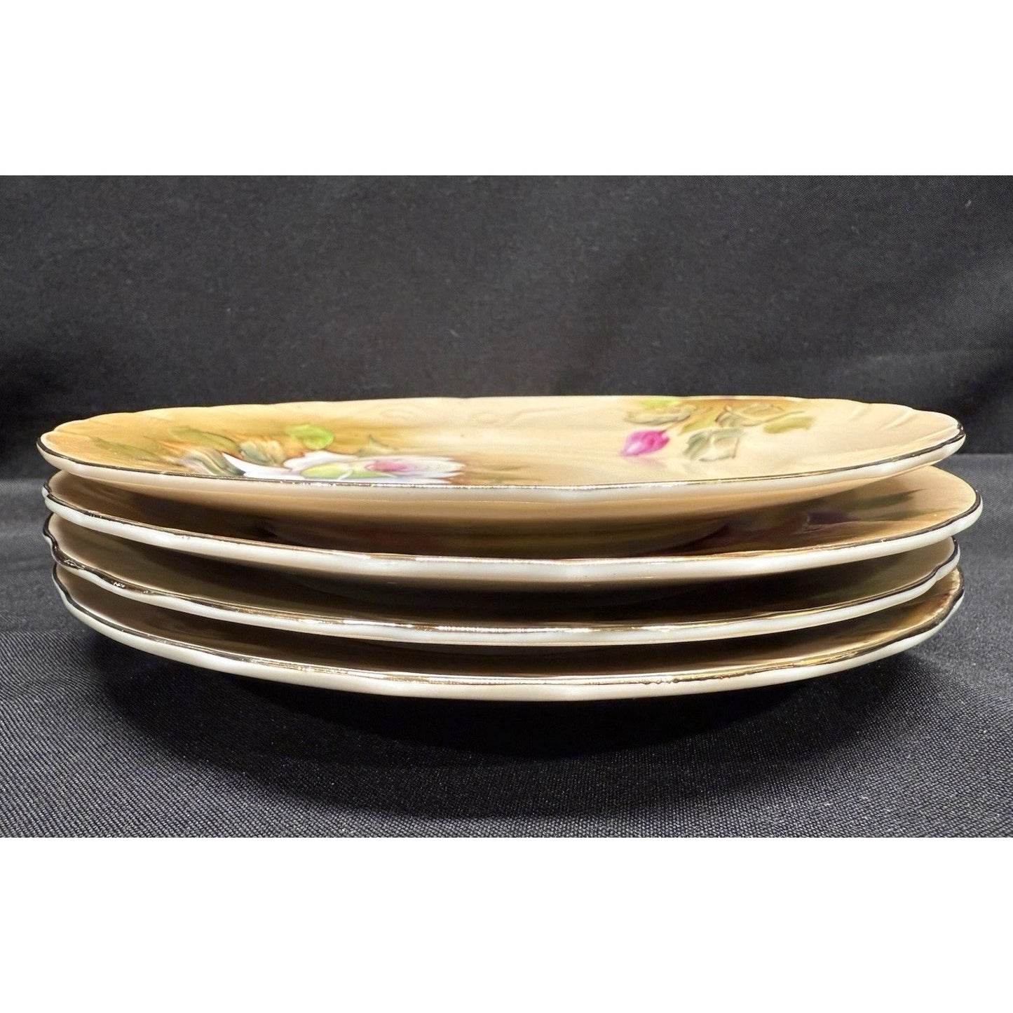 Set of 4 Vintage Lefton Heritage Brown Floral Hand-Painted Salad Plates 7.25”