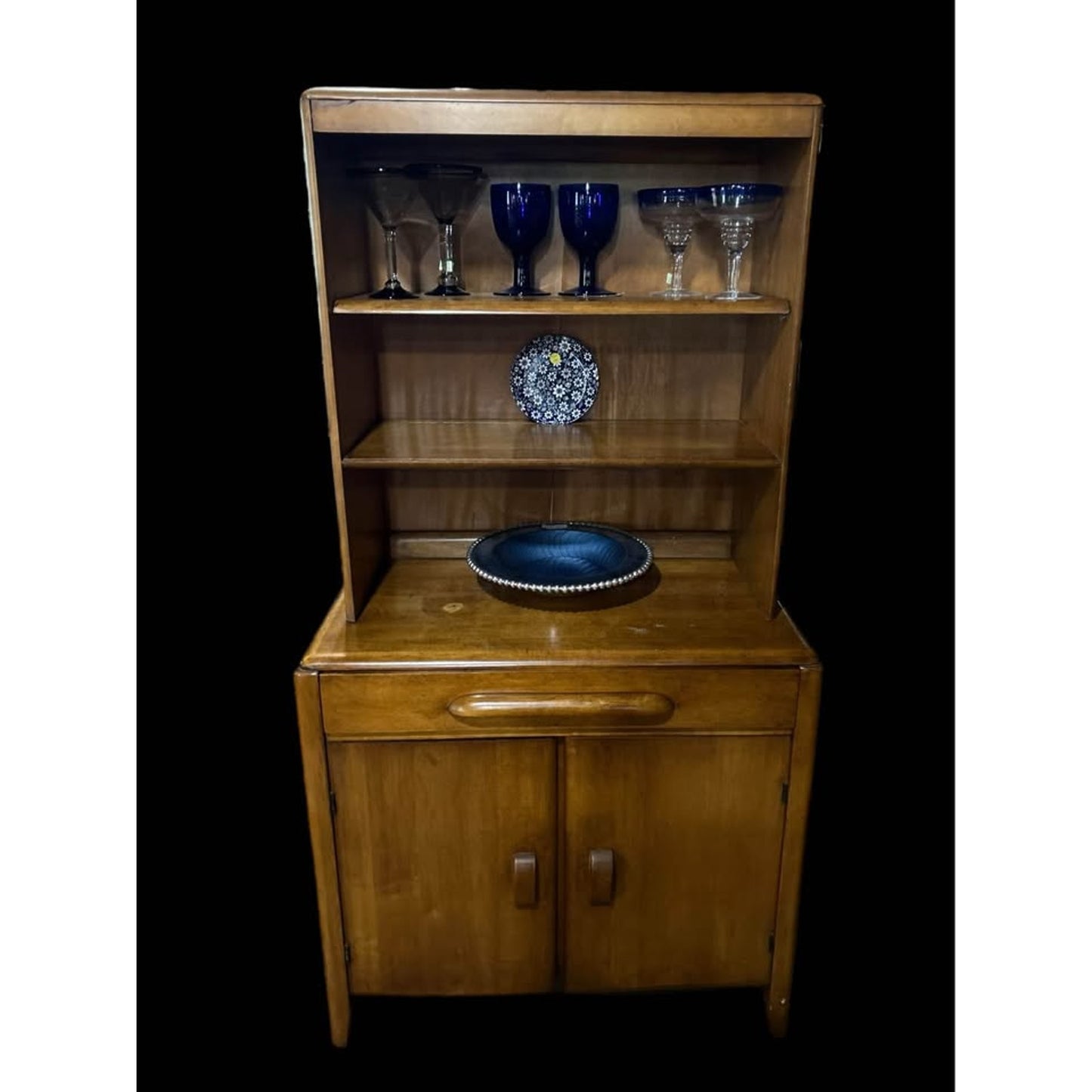 Mid century solid wood hutch with shelves, drawer, and cabinet. Top shelves removable